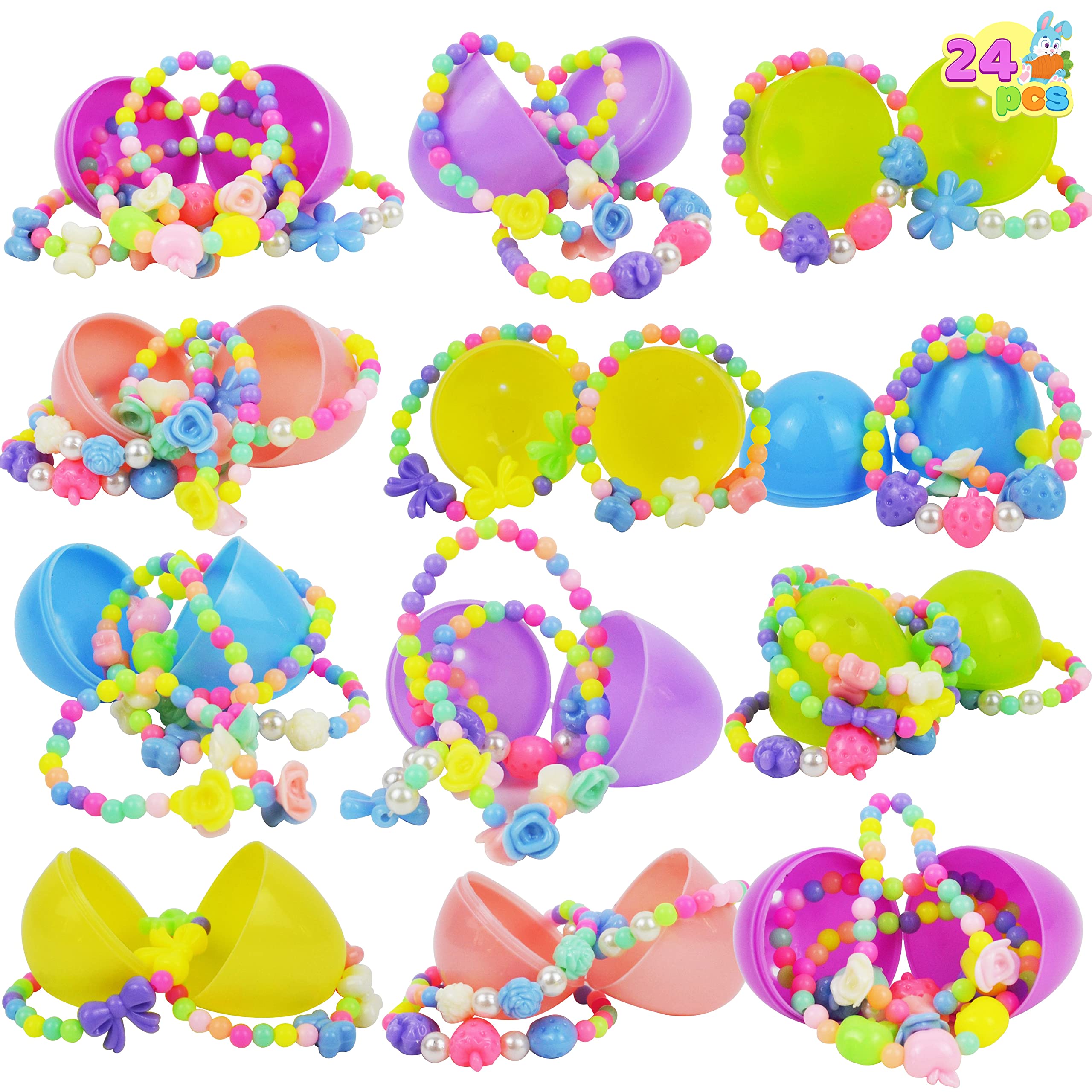 JOYIN 24 Pcs Prefilled Easter Eggs with Different Designs of Bracelets Girls Jewelry Set for Kids Easter Party Favor Easter Basket Stuffer Classroom Exchange and Prize Supplies (Candy)