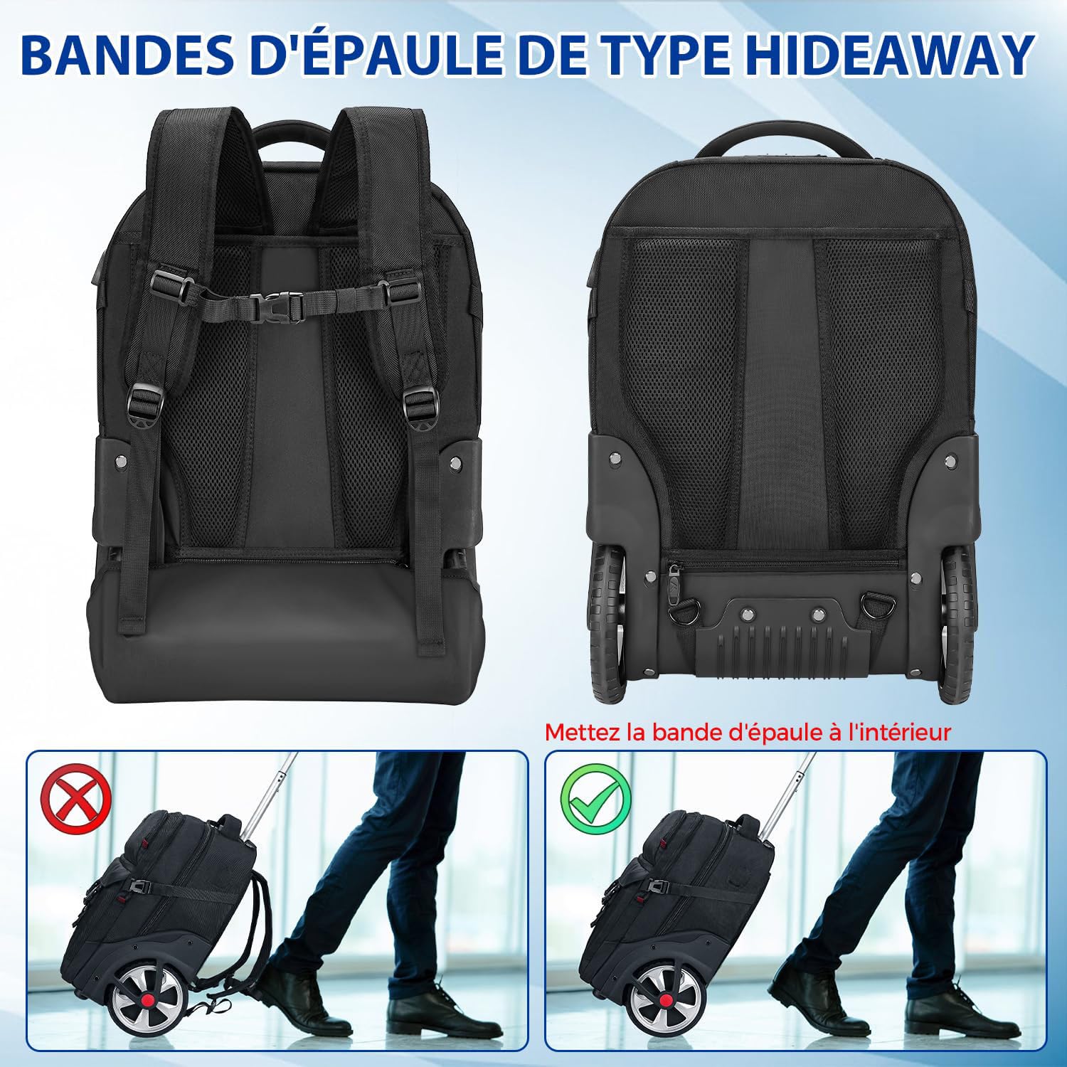 MATEIN Sac Dos Roulettes 17 Pouces avec 2 Roues, Grande Capacité avec Cadenas à Combinaison, 2 en 1 Trolley Résistant et Anti-vol, Hommes Adulte Cartable Voyage d'Affaires, Noir