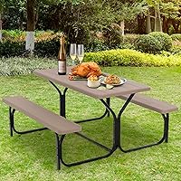 Vista 2 de GYMAX Mesa de pícnic, banco de picnic fácil de montar con mesa de grano de madera para todo tipo de clima y marco de metal, mesas de picnic