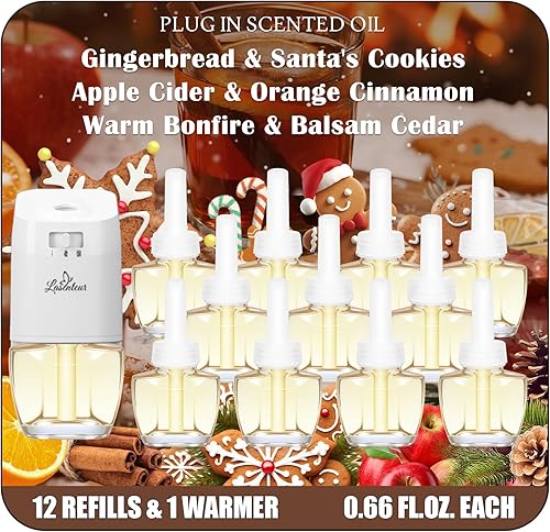 Kit de iniciación de recambio de ambientador enchufable, 12 aromas de invierno y 1 calentador, recambios de enchufe de pared, pan de jengibre, Sidra