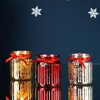 Diamond Star Christmas Votive Candle Holders Mercury Glass Tealight Candle Holder Set of 3 for Home Table Centerpieces (Silver+Red+Gold)