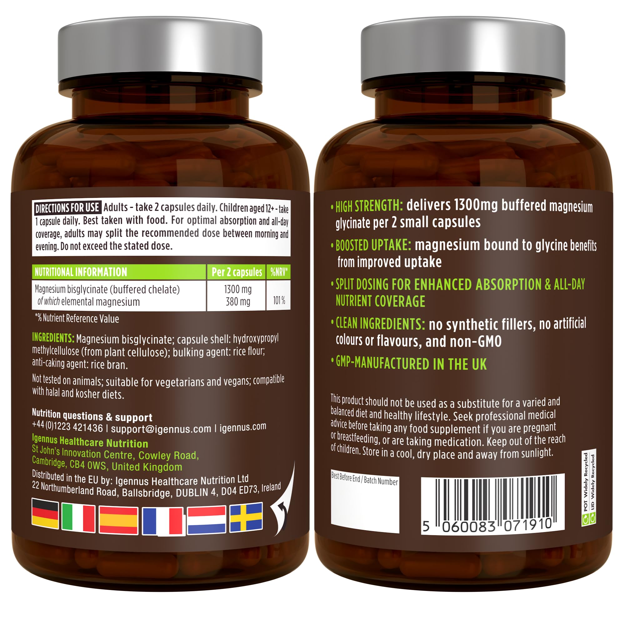Igennus Glicinato de Magnesio Quelado 1300 mg, 380 mg de Magnesio Elemental Puro, 180 Cápsulas/ 3 Meses, Bisglicinato de Acción Rápida y Alta Absorción, Ingredientes Puros y Vegano