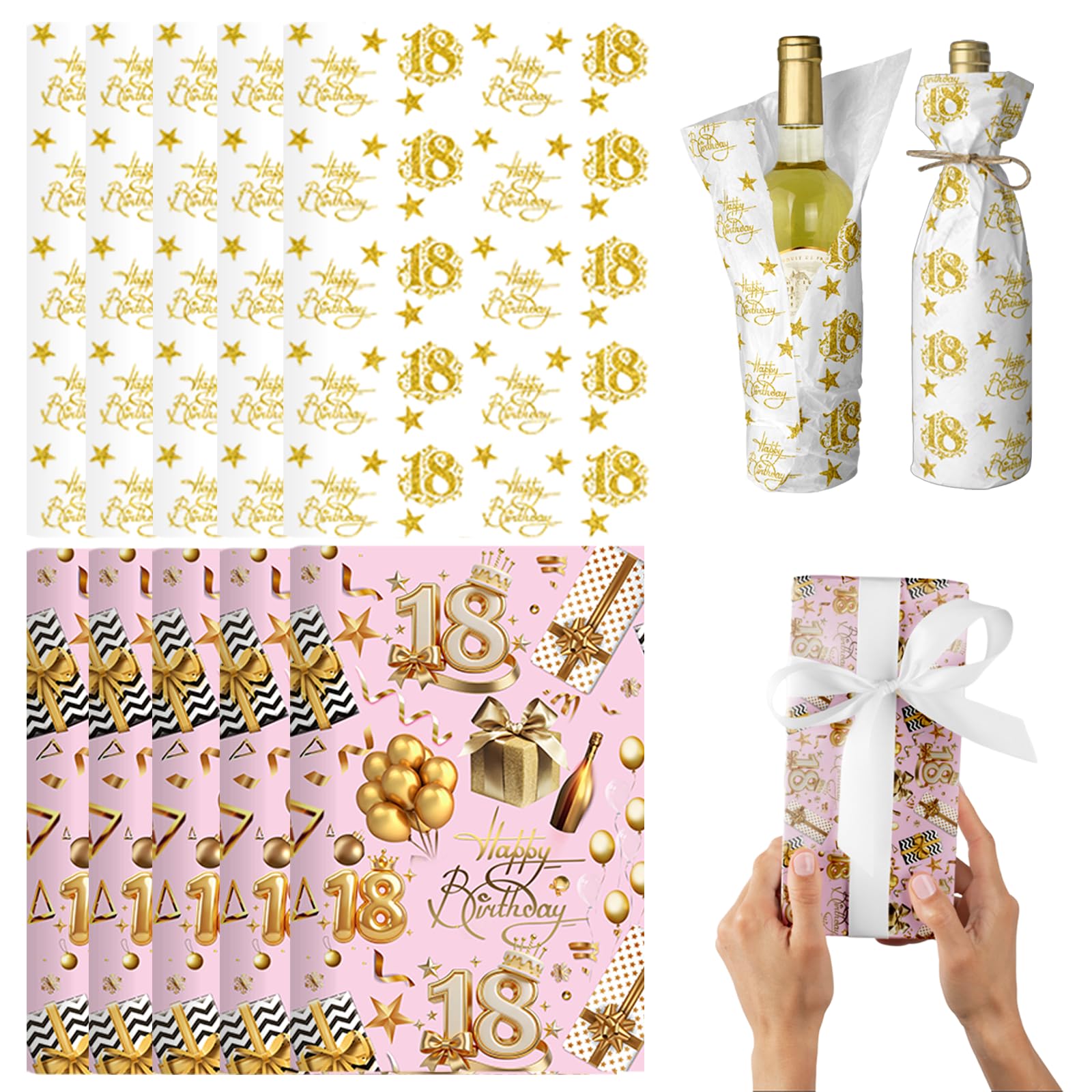 POPOYU 10 Pcs 18th Birthday Wrapping Paper,35x50cm Gift Wrapping Paper Sheets for 18thBirthday,Rose Gold Gift Wrapping Paper Sheets for 18thBirthday,Happy Birthday Wrapping Paper for Birthay Gift Wrap