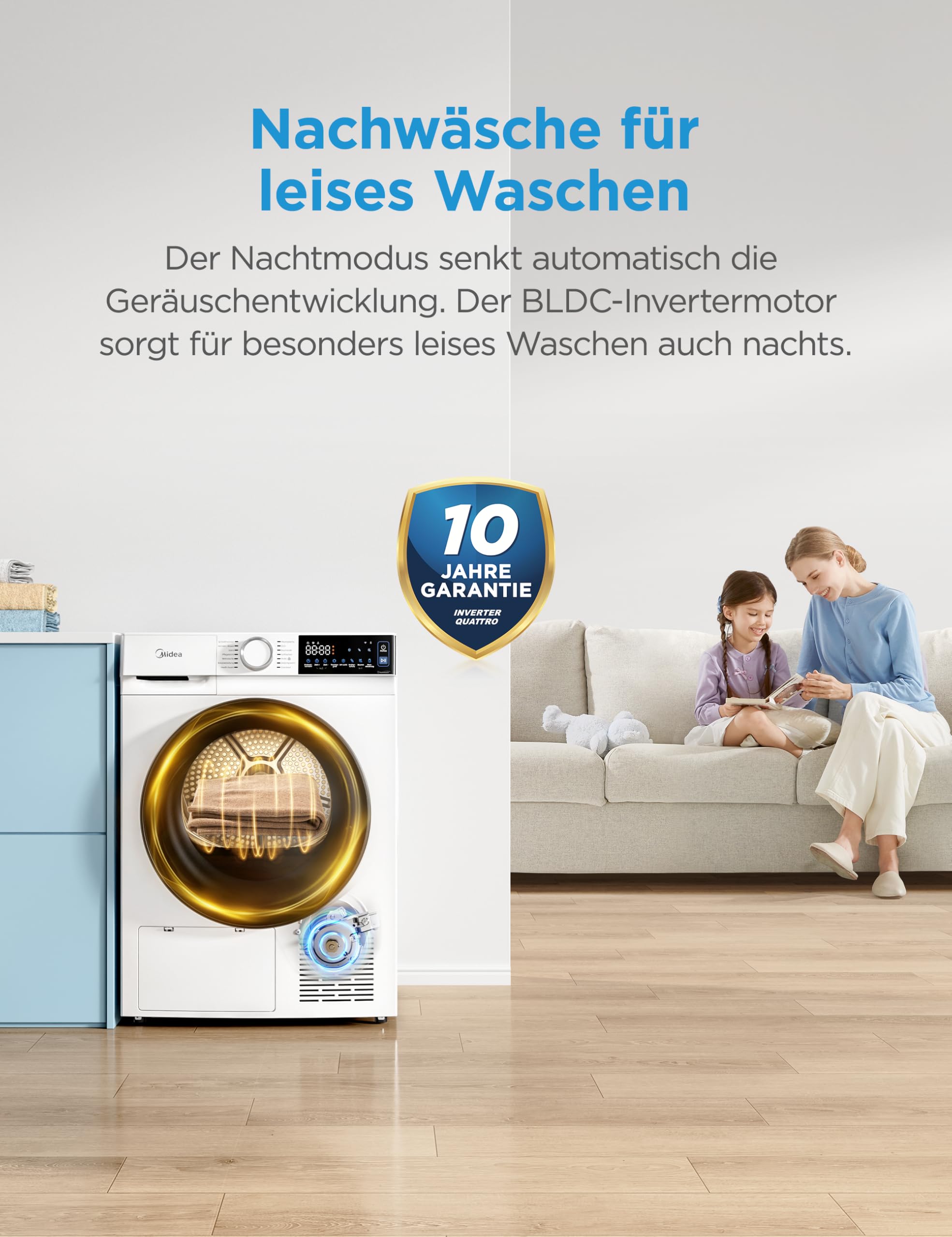 Midea Serie V5 Wärmepumpentrockner, 9 kg, Energieklasse C, WLAN-Steuerung, 30 Minuten Schnelltrocknung, UV-Desinfektion mit Milbenentfernung, Knitterschutz, Inverter-Motor, Weiß, MDV5EH90WBC