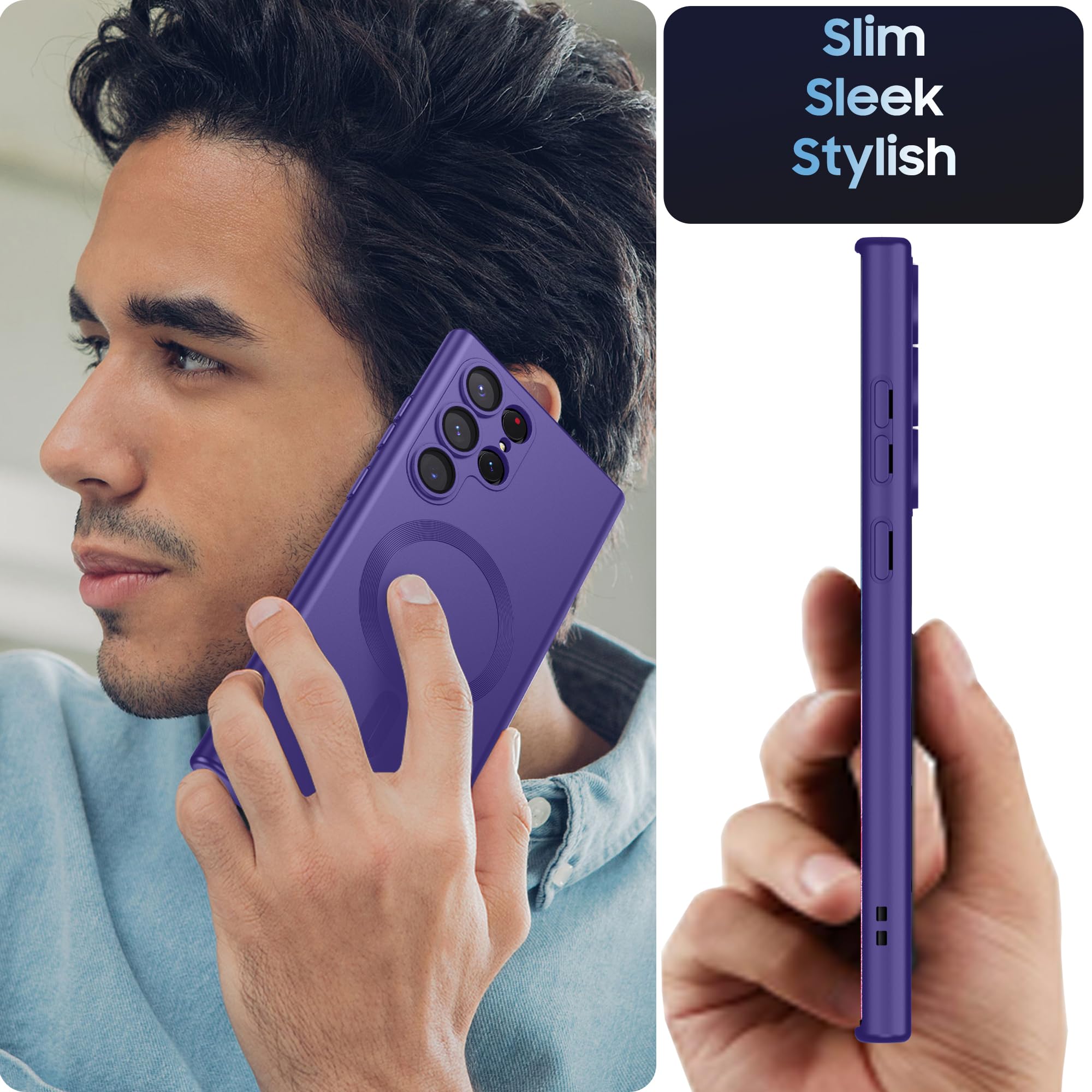 MAKAVO Funda Mate para Samsung Galaxy S22 Ultra, Compatible con MagSafe, Cubierta magnética Delgada con Protector de Lente de cámara Integrado, Carcasa a Prueba de Golpes (Morado)