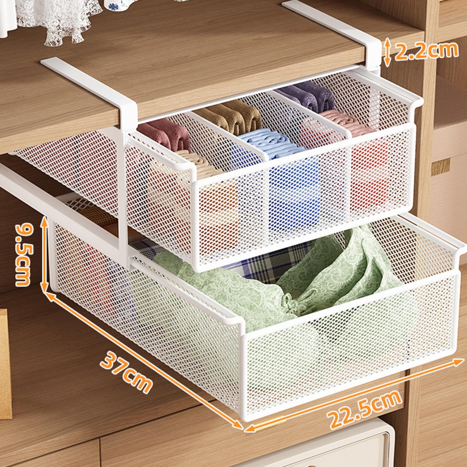 LOVIVER Cesta extraíble para Debajo del Estante, Ahorra Espacio, Metal, Organizador de cajones para Ropa Interior para el hogar, Dormitorio y Armario, Blanco