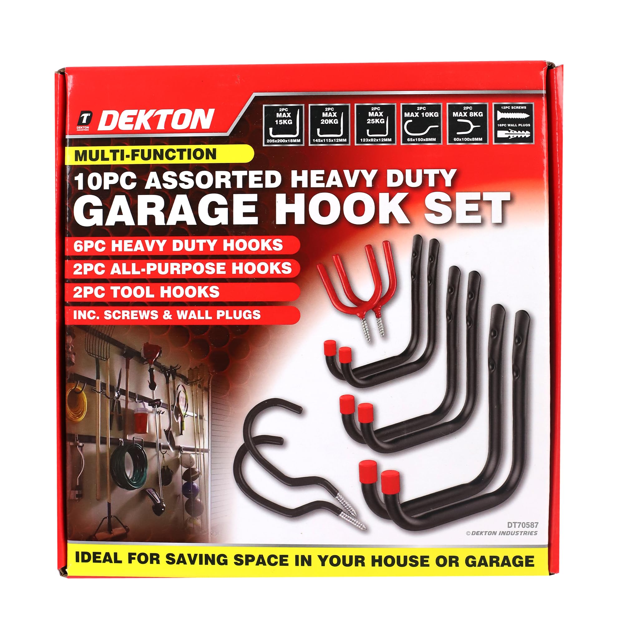 DEKTON 10PC Garage Assorted Hooks - Max Capacity of 35kg | Ideal for Hanging Tools, Coats, Bags, and More | Durable, Rust-Resistant Metal Construction for Home, Garage, or Office