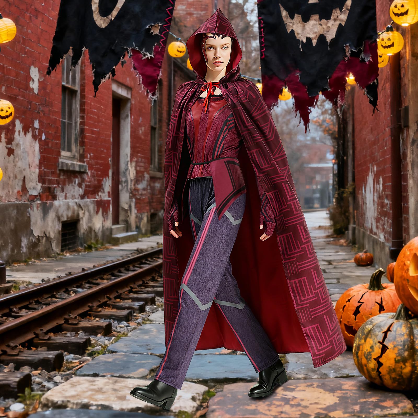 Disfraz de bruja de escarlata para mujer, disfraz de Wanda Maximoff con capucha, chaqueta, pantalones, traje, sombrero, Halloween, cosplay, disfraz de carnaval