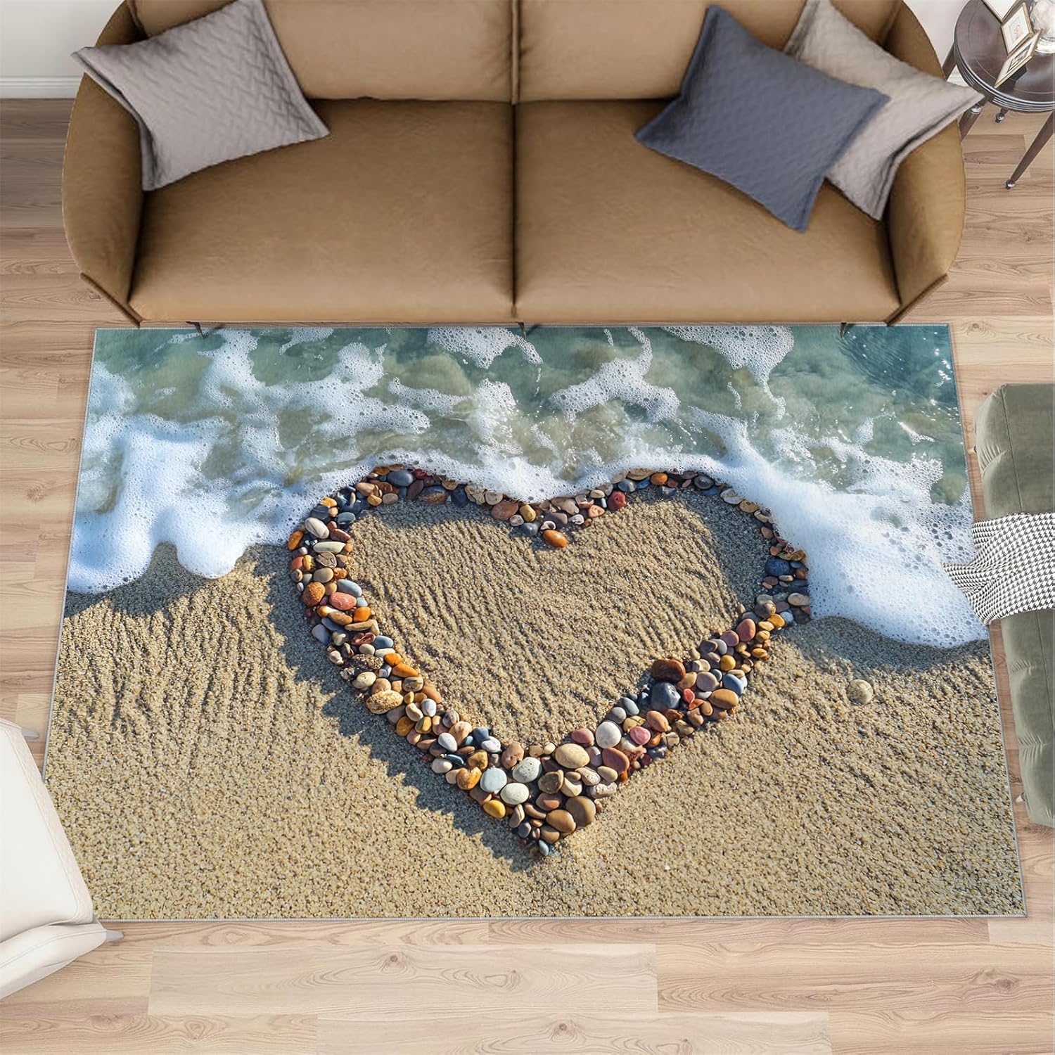 Tapis de plage 3D 120x180 pour salon et chambre d'enfant - Cœur de Galets