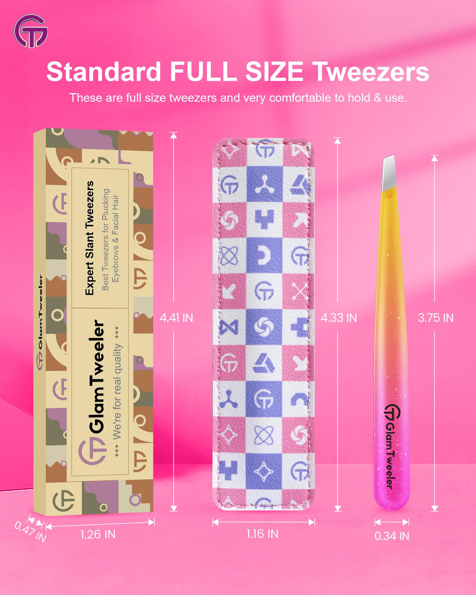 GlamTweeler Expert - Pinzas de depilación de cejas con funda de cuero, punta inclinada de alta precisión, pinzas de acero inoxidable para hombres y mujeres (fucsia brillante y amarillo)