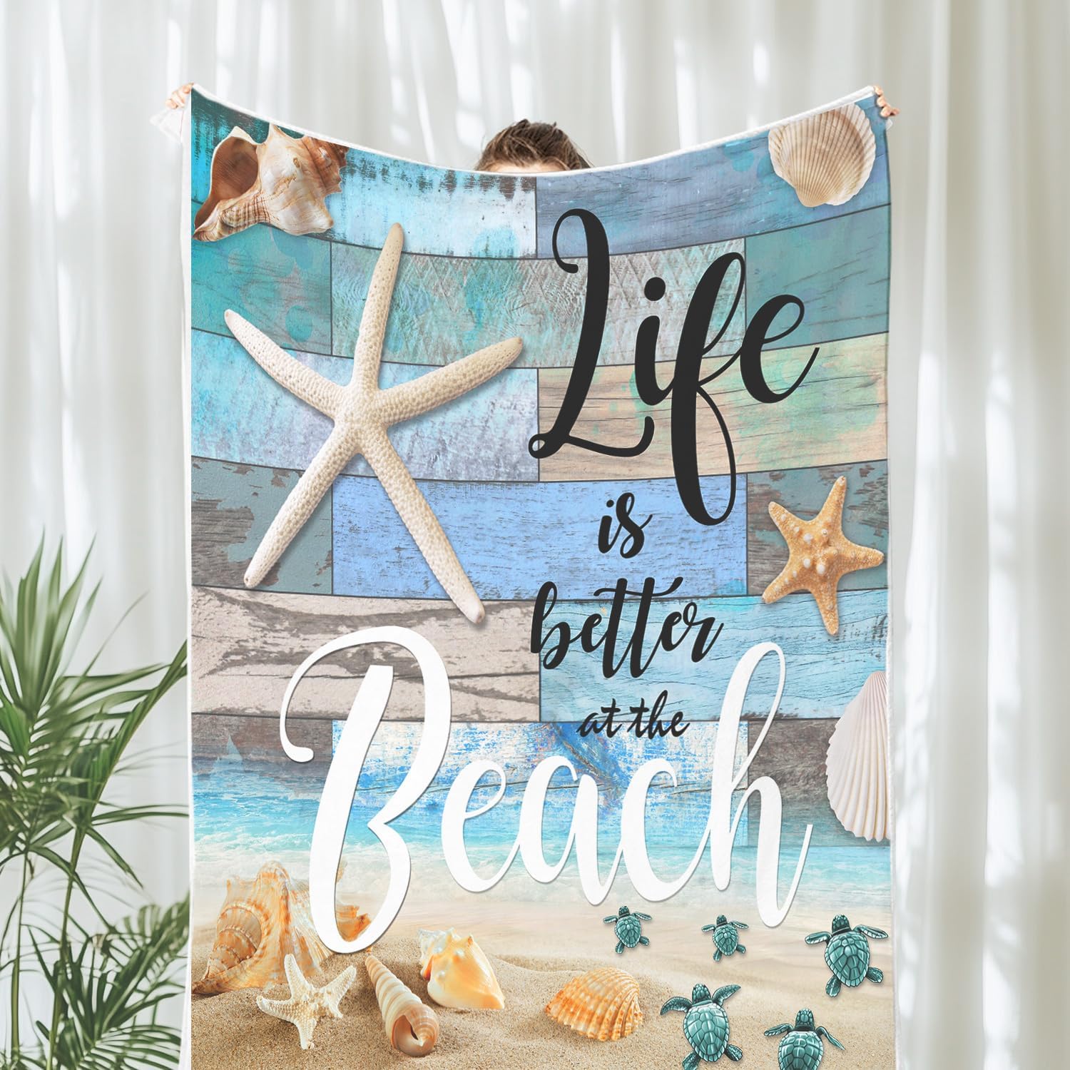 Beach Throw Blanket, Blue Ocean Beach Decor Travel Blanket, Cozy Microfiber Warm Flannel Blankets and Throws for Couch Sofa Bedding Living Room 50X60 Inch
