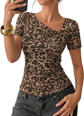 ZESICA Womens Summer Asymmetrical Short Sleeve Fitted Tops Ruched Y2K Going Out Shirts 2026 Fashion Vacation Clothes