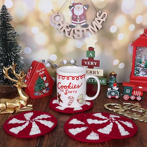 Miniatura 4 de Whaline Paquete de 4 posavasos de dulces de Navidad hechos a mano, tejido de ganchillo rojo y blanco, para Navidad, invierno, vacaciones, hogar,