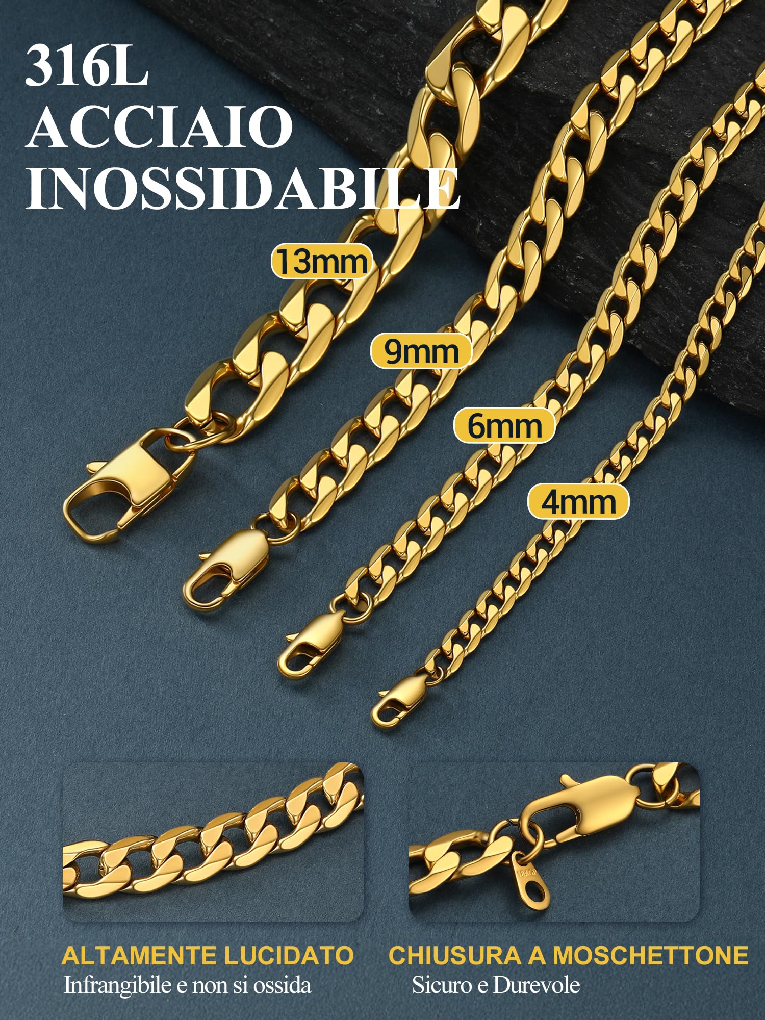 PROSTEEL Collana Uomo Donna Catena Cubana Grande Sottile Larghezza 4 6 9 13 mm, Lunghezza Regolabile, Acciaio INOX/Placcato Oro, Argento Oro Nero, Hip Hop Punk, con Confezione, Personalizzabile