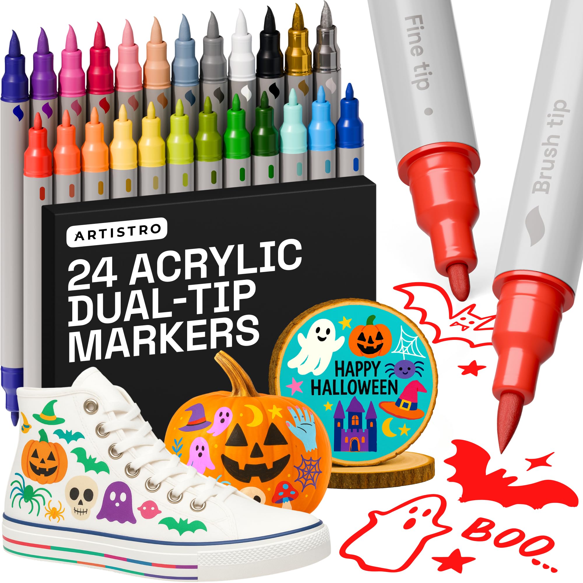 ARTISTRO 24 Dual Tip Brush + Fine Acrylic Paint Markers - Ideal for Calligraphy Paint Pens for Fabric, Rock, Glass, DIY - Halloween Pumpkin Painting Kit, Art Supplies, Christmas Gift