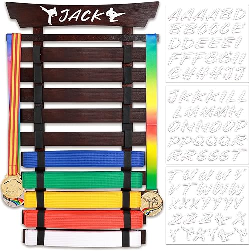 Miniatura 1 de Estante de exhibición de cinturón de karate de 10 cinturones con calcomanías, soporte para cinturón de taekwondo, exhibición de cinturón de artes