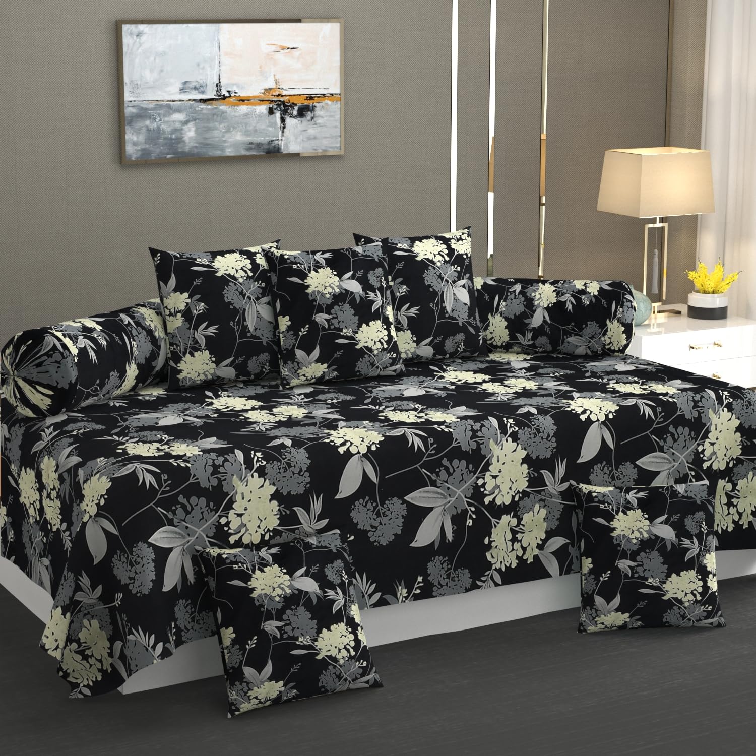 Stylish Threads Heavy Cotton 8 Pieces Diwan Set ||1 Single Bedsheet, 2 Bolster Covers, 5 Cushion Covers || Tri-Color Leaf (B0DHW5WTXG) Amazon Price History, Amazon Price Tracker
