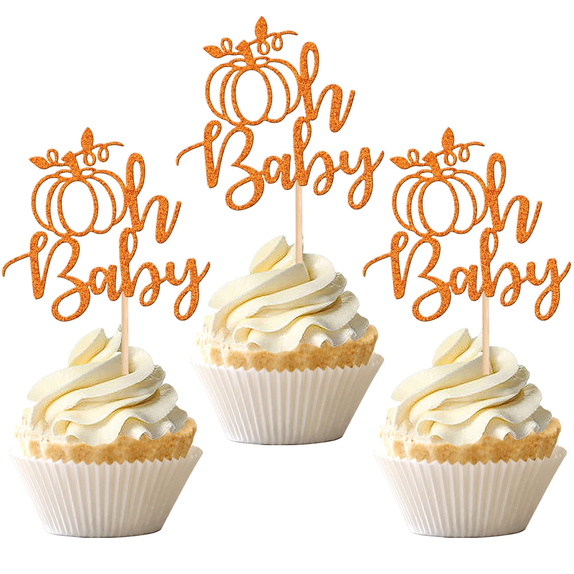 24 PCS Pumpkin Oh Baby Cupcake Toppers Glitter Fall Theme pumpkin Cupcake Picks Baby Shower Cake Decorations for Pumpkin Theme Gender Reveal Kids Birthday Party Supplies Orange