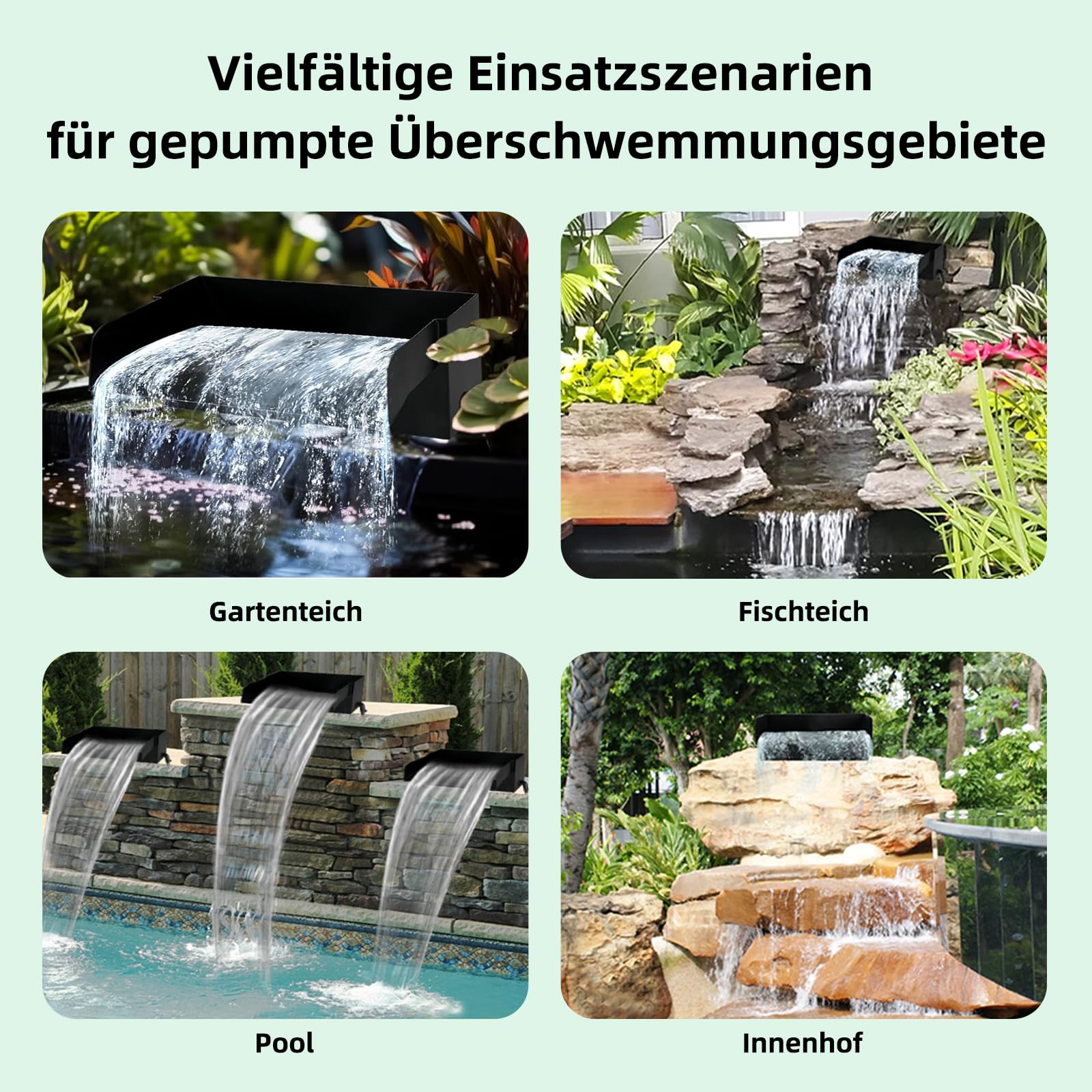Schwarze Edelstahl Teich Wasserfall Spillway Pool Brunnen Wasser Feature, 45W 3000L/H with Pumpe, Teichüberlauf mit Pumpe und Wellrohr mit Filtermedien, für Terrasse Wasserwand