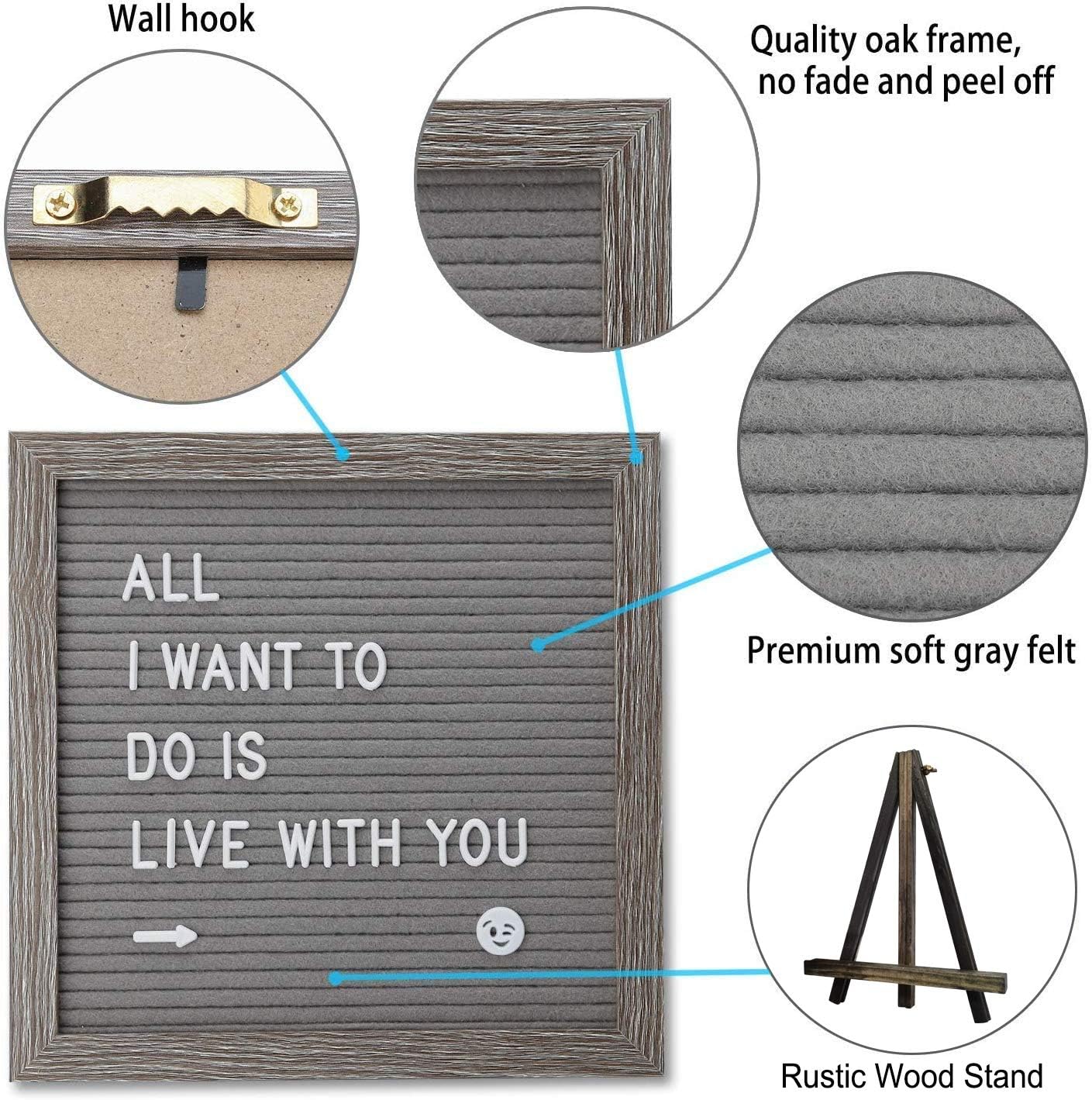 Felt Letter Board - Gray Changeable Message Board Letterboard with Stand & Wall Hook, 639 Black & White Letters, Numbers and Emojis, Rustic Weathered Frame, 10x10 Inches (Gray)