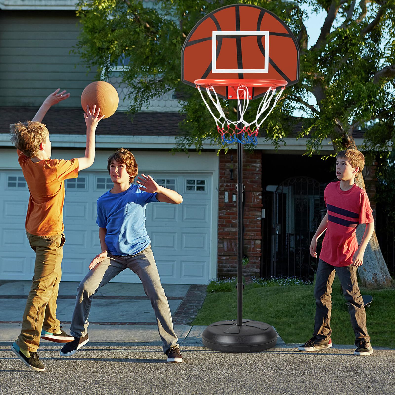 GYMAX 2-en-1 Panier Basket Enfants 3-10 Ans, avec Cible de Fléchettes, Hauteur Réglable 96/146cm, Base Remplissable Stable, 6 Fléchettes, pour Intérieur et Extérieur, pour Garçons et Filles