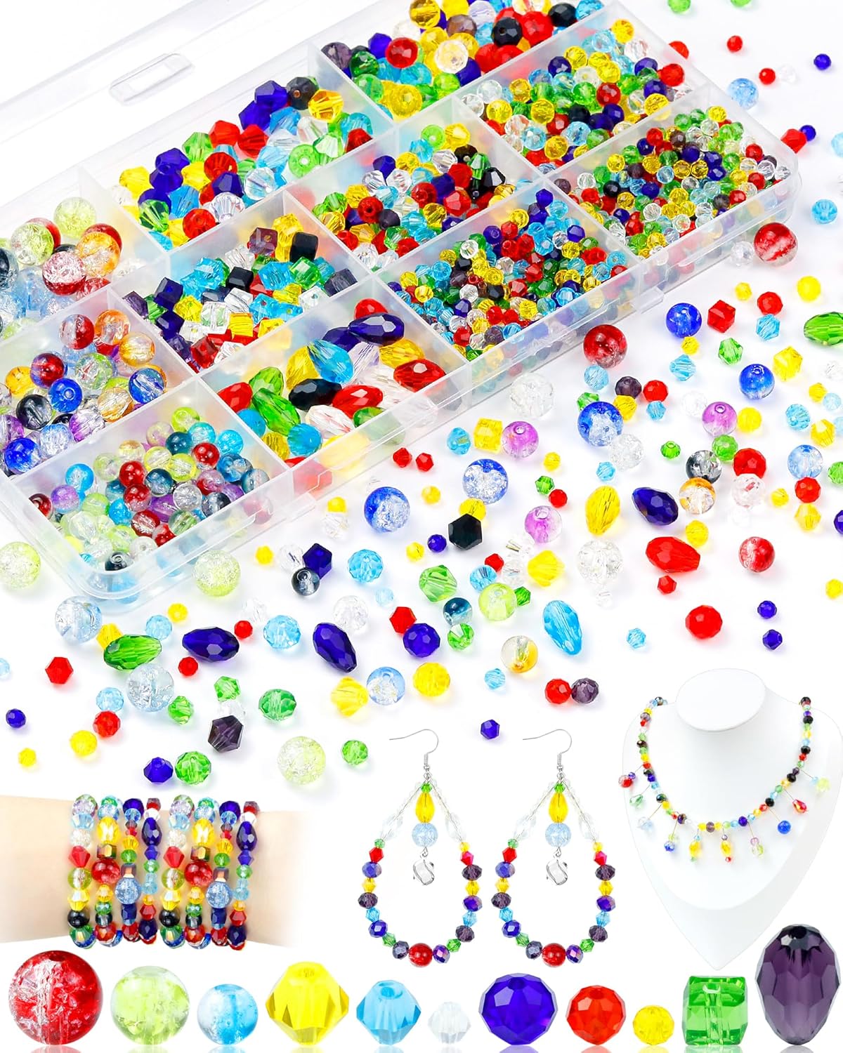 1076PCS FIVEIZERO Glass Beads for Jewelry Making, Assorted Colorful Rainbow Craft Crystal Beads, Faceted, Round, Bicone and Teardrop Beads for DIY Bracelets, Necklaces, Suncatchers and Crafts Making