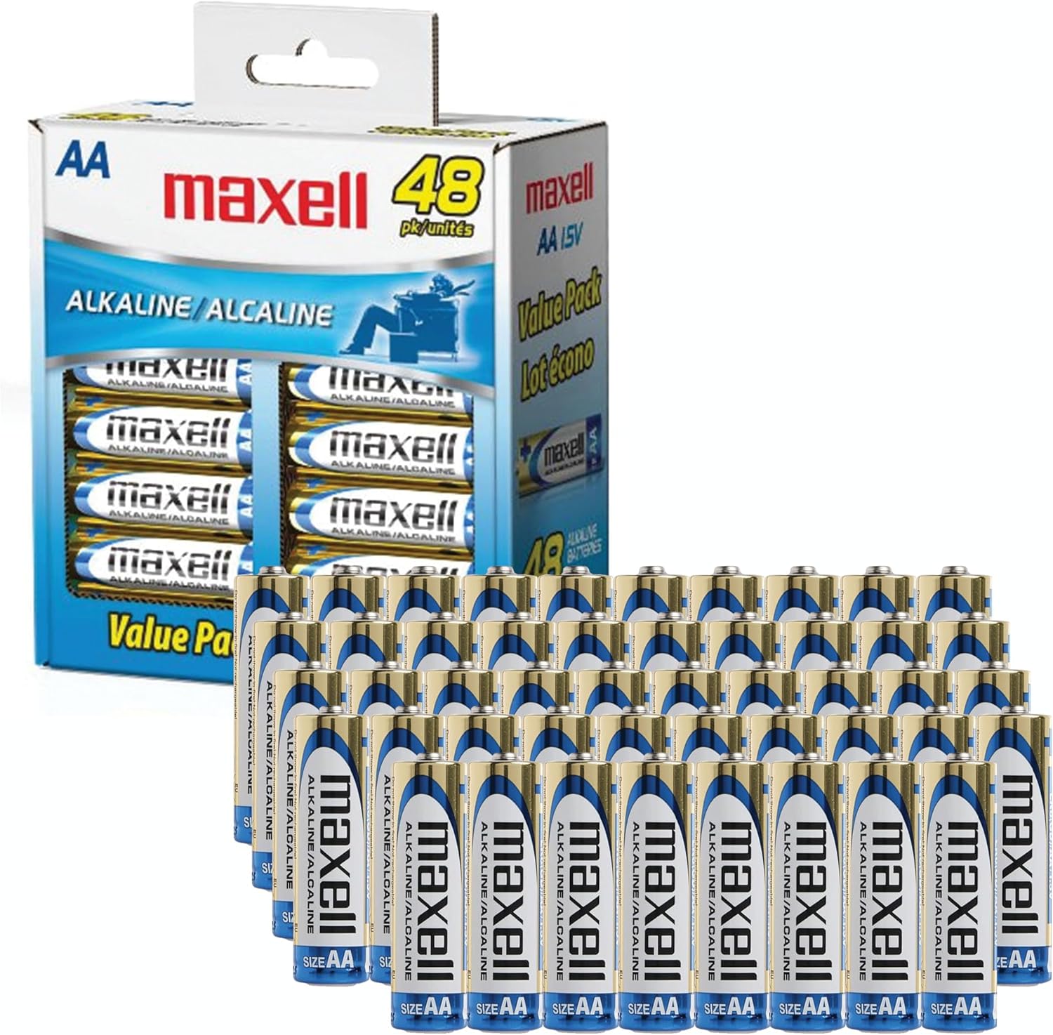 Maxell AA Alkaline Battery, Long Lasting, High Compatibility, Gold, 48 Count