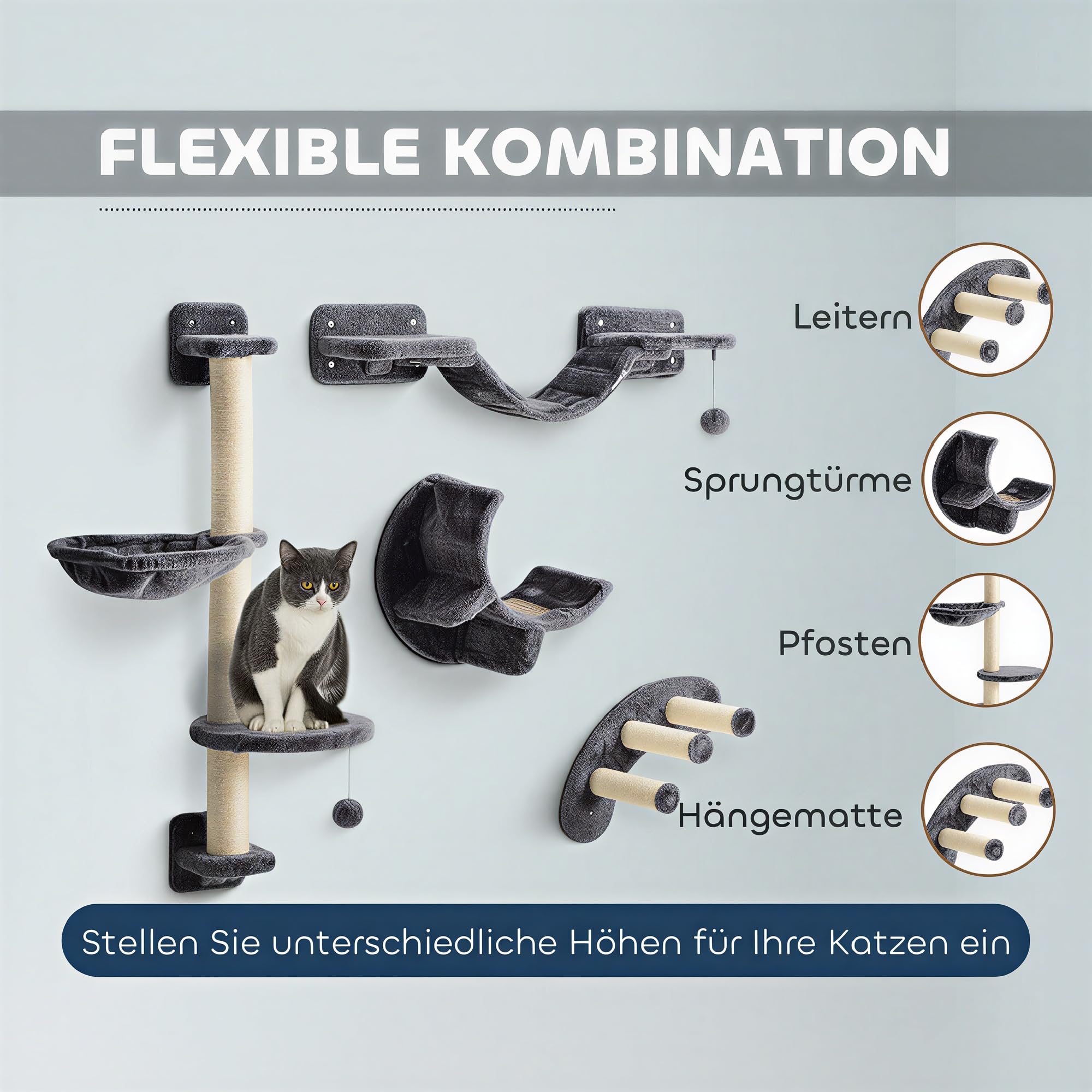 PawHut Kletterwand Katzen 4-teiliges Katzenwandmöbel bis 5 kg Dunkelgrau | Set, Hängematte, Katzenbrücke, Plattformen, Hängeball, Kratzsäule, zum Klettern, Spielen, Schlafen