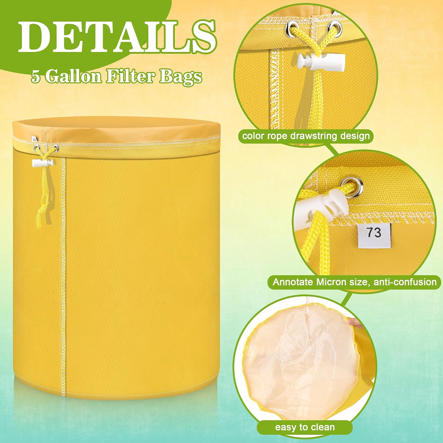 1Pcs 5 Gallon Filter Bags, Windspeed Oxford Cloth All-Mesh Filter Bags for 5 Gallon Bucket with Filter Screen and Storage Pouch (yellow(73 Micron))