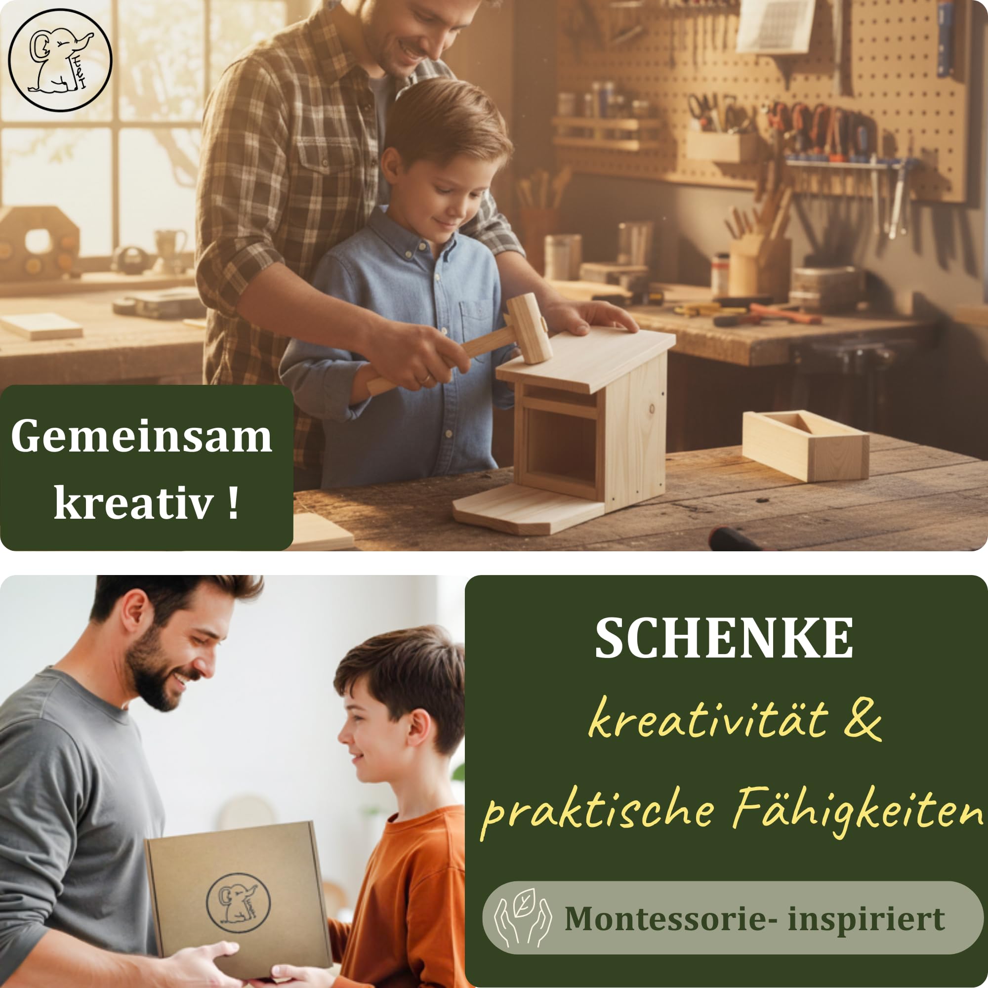 Eli® Eichhörnchen + Vogel Futterhaus Bausatz für Kinder aus Kiefernholz DIY | zum Bemalen – inkl. 6 Farben - Pinsel - Hammer - Schraubendreher - Schablonen & Vorlagen - Geschenk Junge - Mädchen - Holz