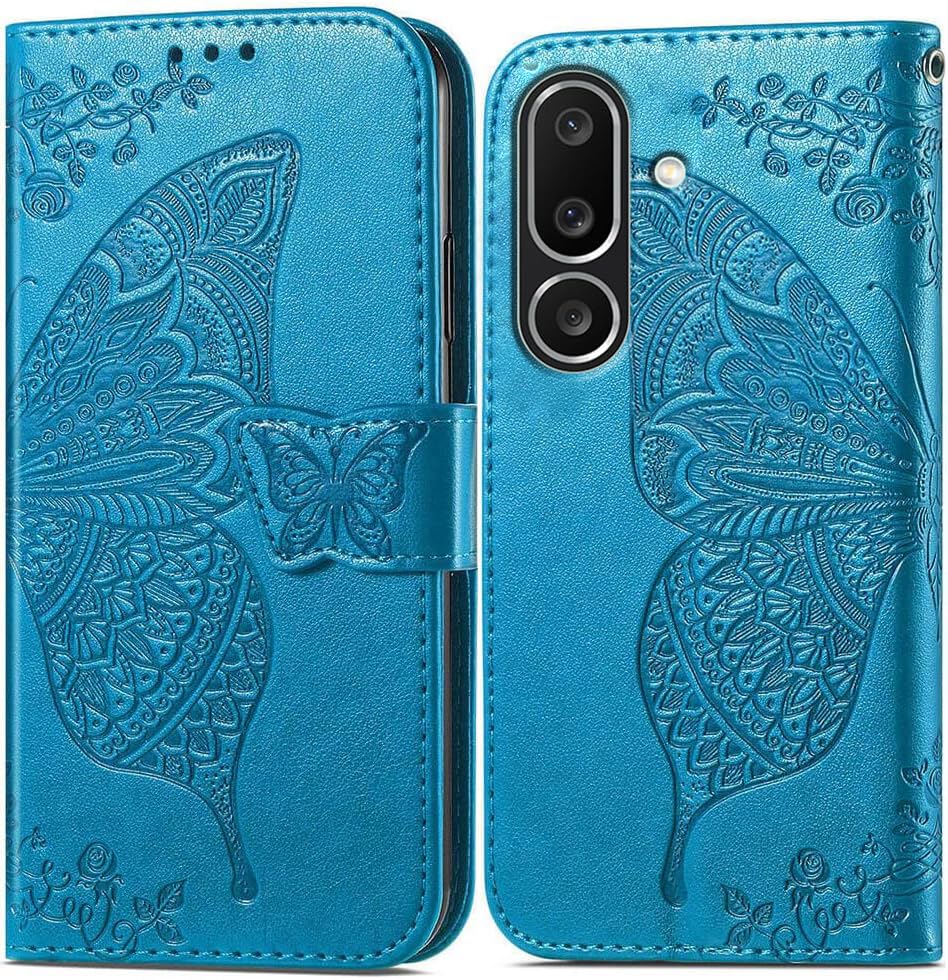 Image of ClickCase Butterfly Series for Samsung Galaxy M36 5G Leather Embossing Wallet Flip Case Kick Stand Magnetic Closure Flip Cover for Samsung Galaxy M36 5G (Sky Blue)