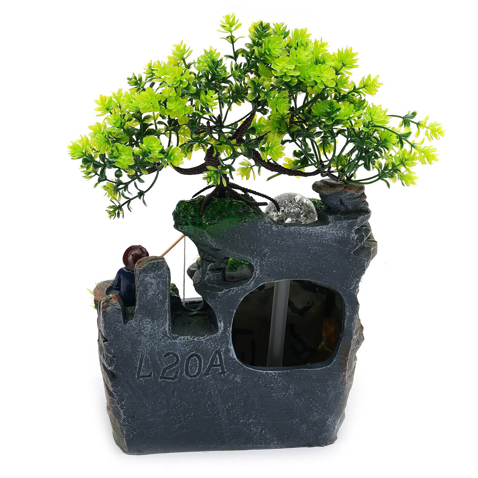 Fuente de interior de resina para jardín de piedra, fuente de mesa, fuente de agua, iluminación LED, decoración, 20 x 15 x 30 cm