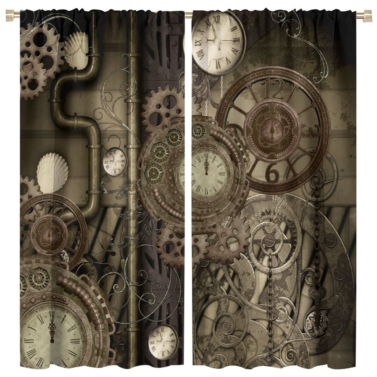 DDCBNS Vintage Clocks Curtains,Industrial Steampunk Mechanical Gear Curtains for Bedroom Living Room Kitchen Café Retro Pocket Watch Window Drapes 2