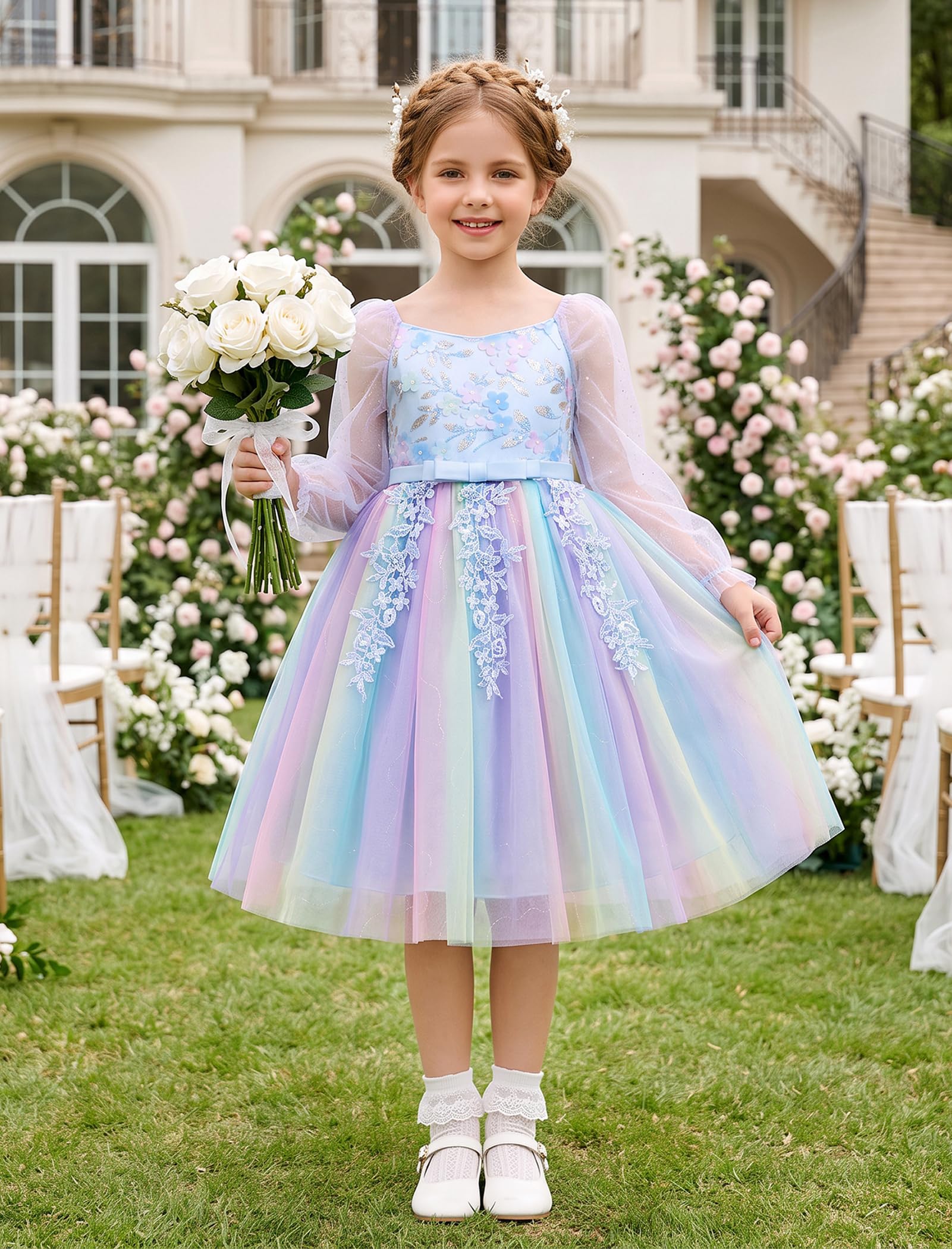 OBEEII Mädchen Prinzessin Langarm Regenbogen Party Tüll Kleid