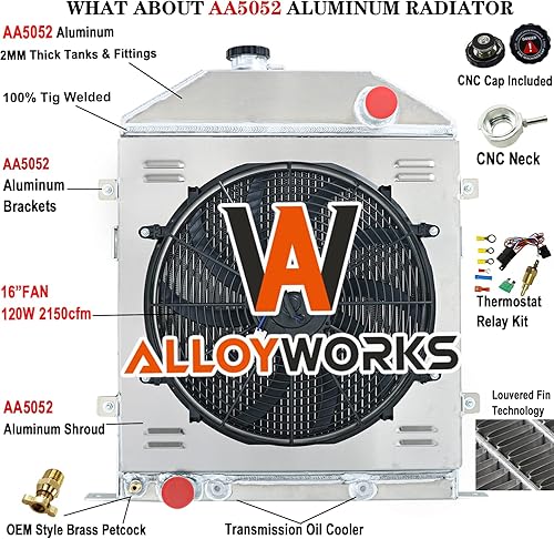 Miniatura 2 de ALLOYWORKS - Radiador de aluminio de 4 filas + cubierta y ventilador + relé para Ford Coupe Super Deluxe 1942-1948 46 3.7L