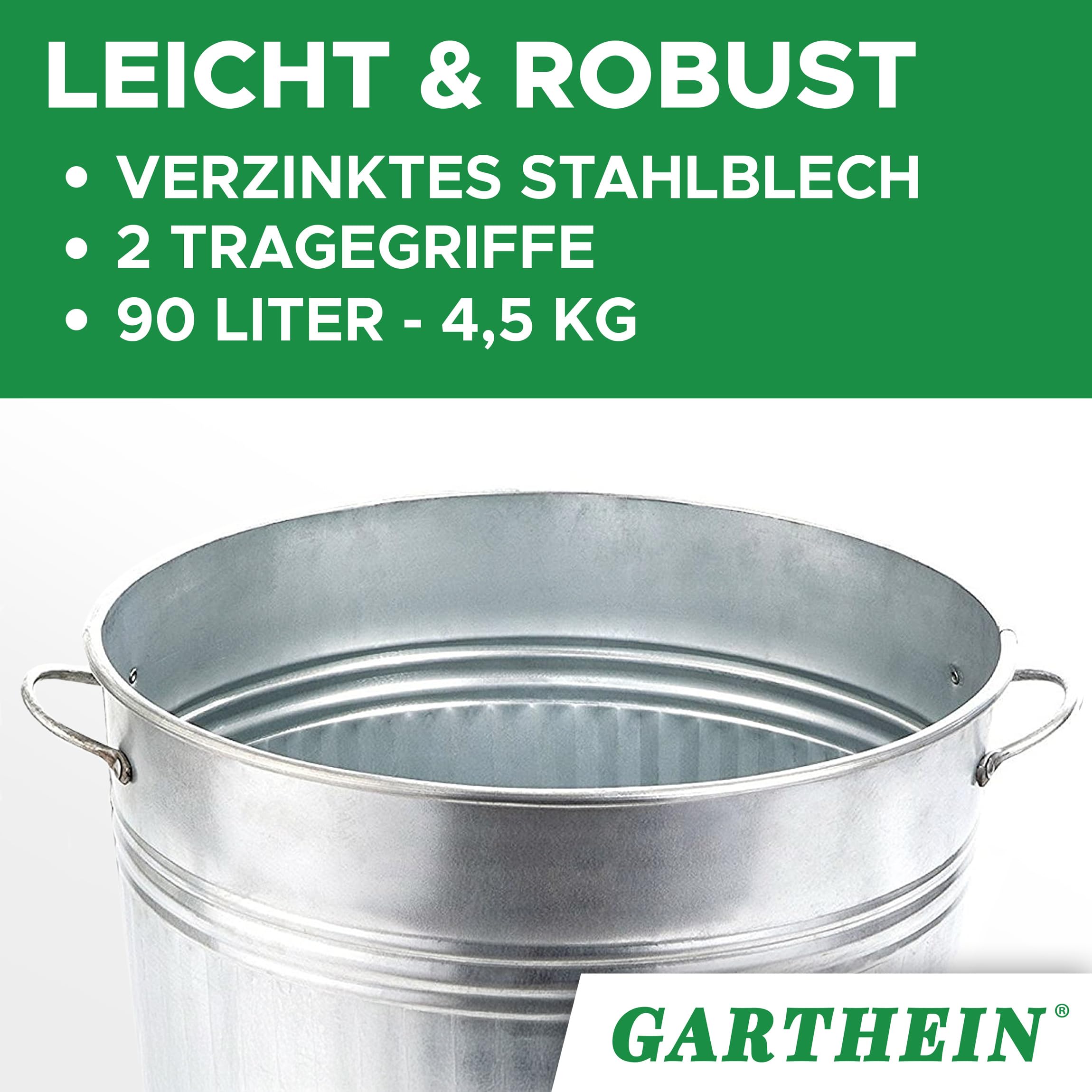 GARTHEIN 90 Liter Große Feuertonne für den Gartenabfall mit Deckel in Silber, Metallfass verzinkt, Feuer Verbrennungstonne für Laub, Gartenarbeit, Feuerschale mit Deckel, Terrassenofen, Feuerkorb
