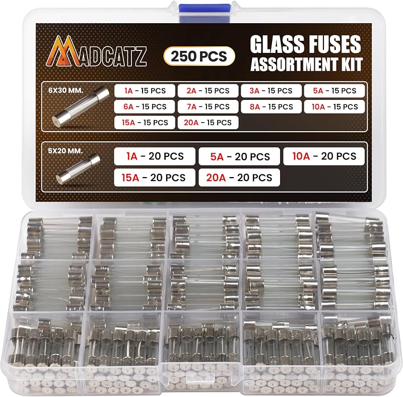MADCATZ 250 Pcs 15 Values Fast Blow Glass Fuses Assortment Kit 250V 5x20mm 1A, 5A, 10A, 15A, 20A 6x30mm 1A, 2A, 3A, 5A, 6A, 7A,8A, 10A 15A, 20A Glass Fuses