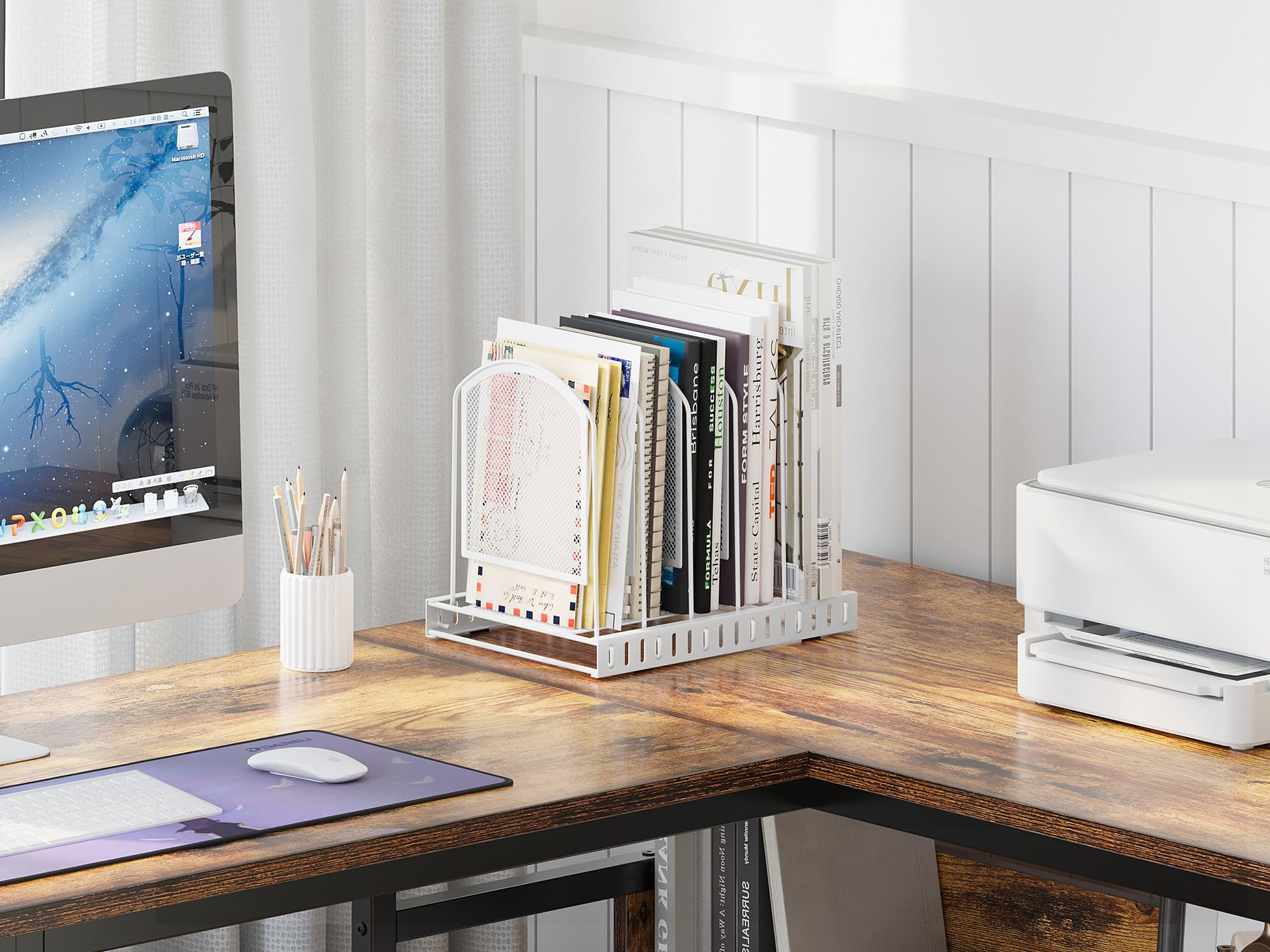 EasyPAG 5 Compartiments Métal A4 Vertical Porte-Revues,Banette de Rangement Bureau,Organisateur de Magazine,Corbeille à Courrier,Bannette Papier,Range Document pour Bureau & Maison,Blanc