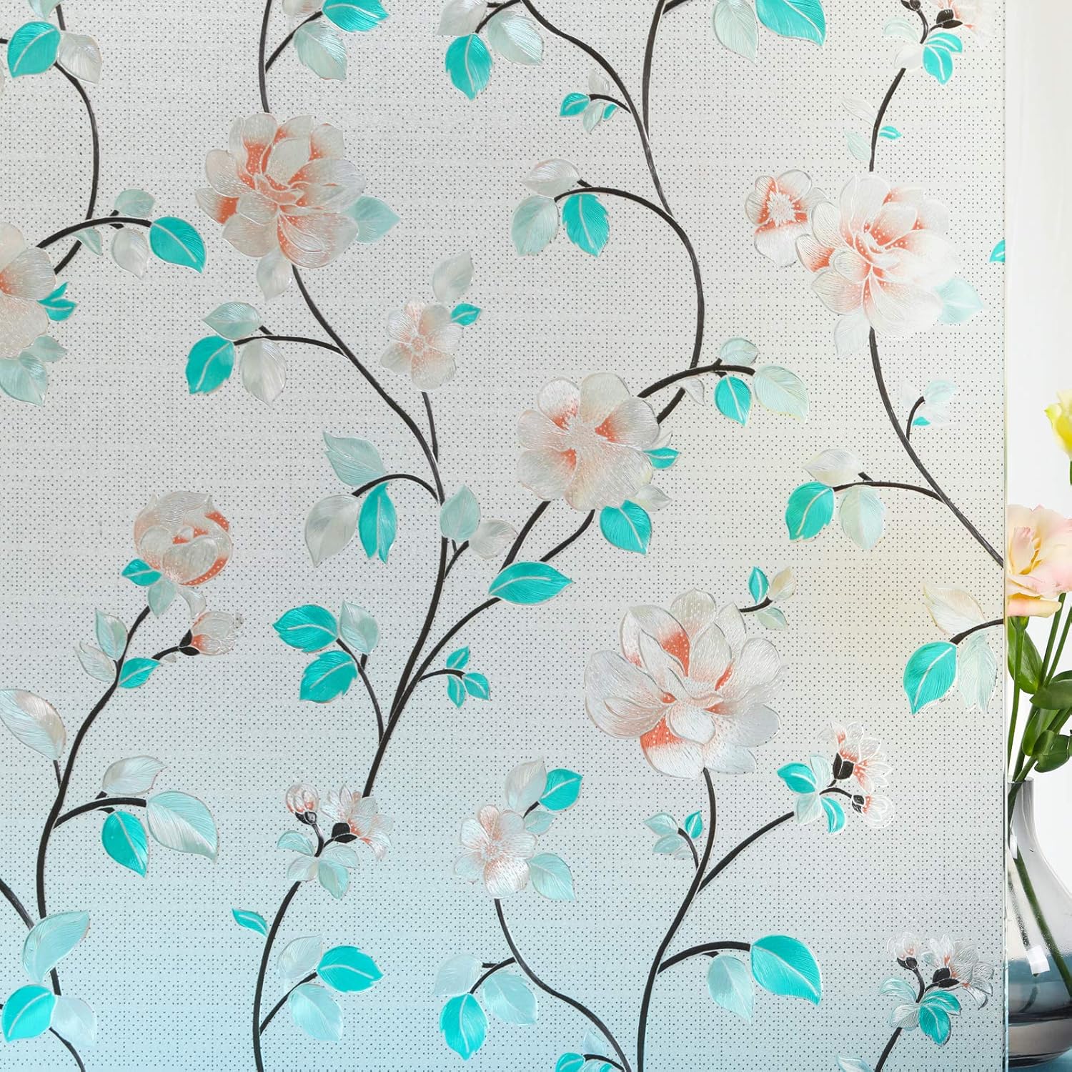 Decorative Window Film Flower, Static Cling Glass Door Privacy Film Non-Adhesive Window Tints, Anti-UV/Heat Control/Prevent Bird Strikes for Home Office Decoration,23.6 in. by 118 in. 23.6''x118'' Flower 2