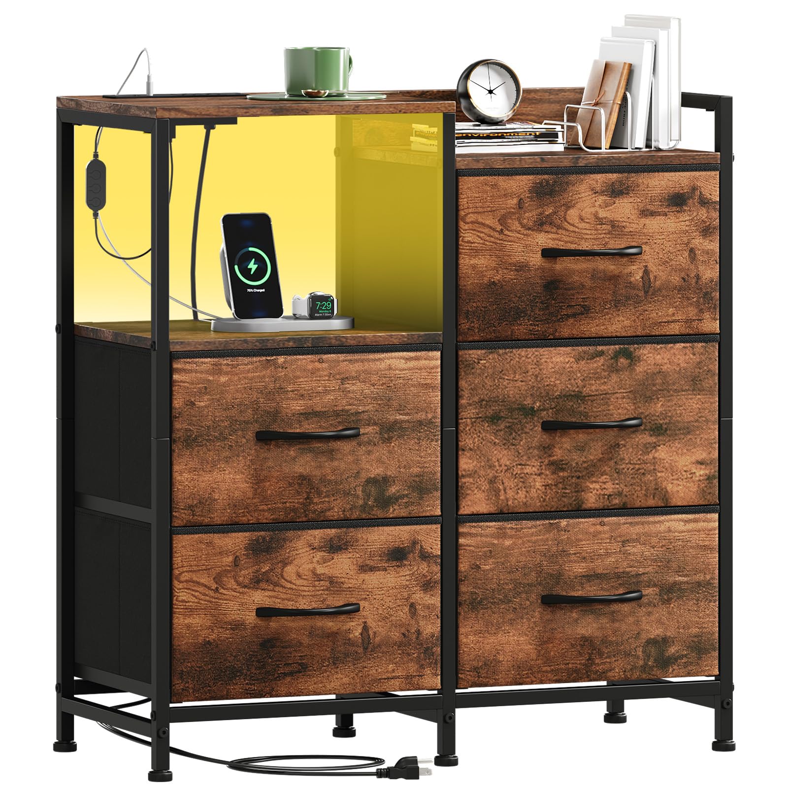 Somdot Chest of Drawers Bedroom with Charging Station and LED Light, 5 Drawers Storage Unit with 2 Outlets and 2 USB Ports, Storage Cabinet for Kids Dorm Living Room Closet, Wood Grain Print — image 1