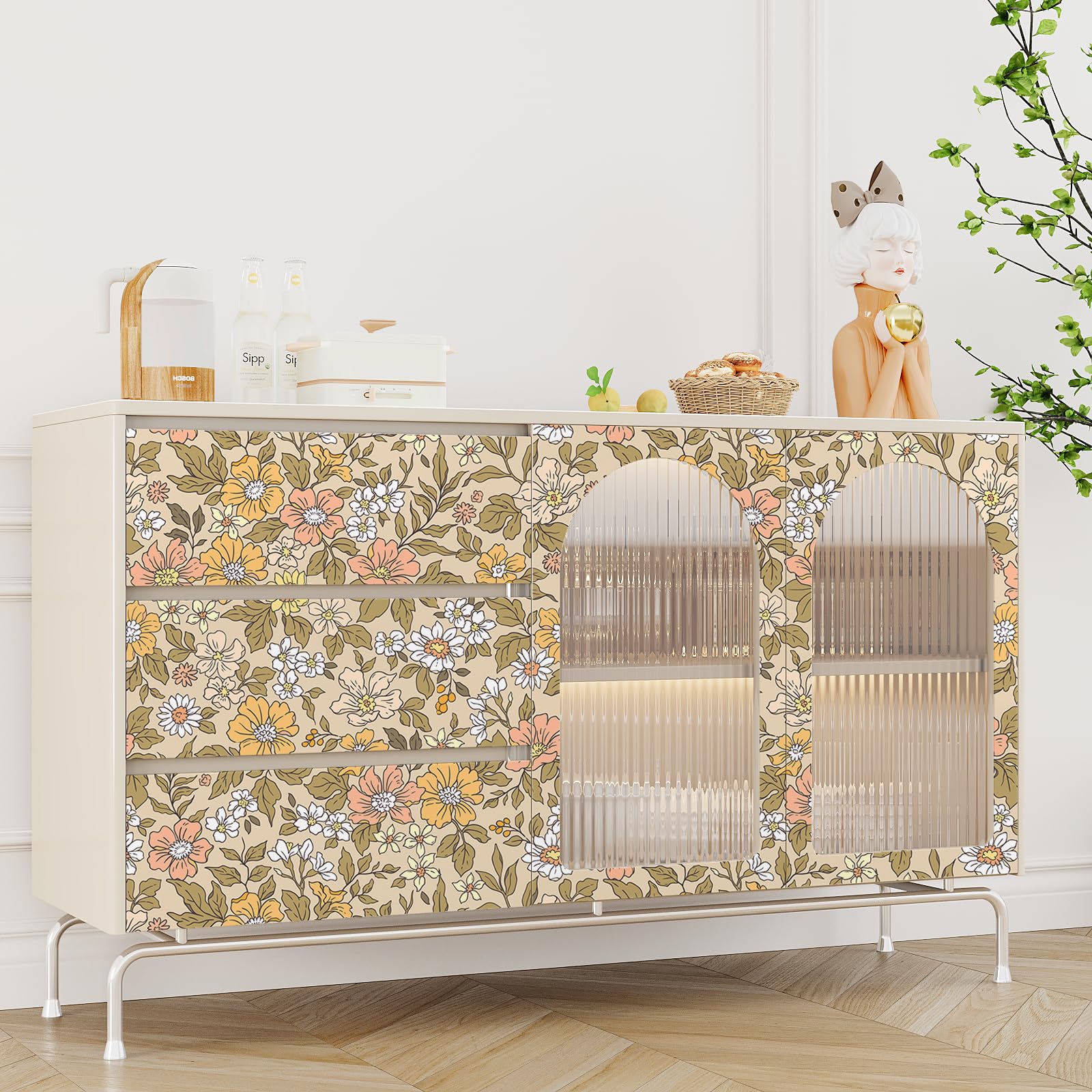 VEELIKE Beige Pink Meadow Floral Wallpaper Vintage Poppy Flower Wallpaper Peel and Stick Contact Paper for Furniture Beige Patterned Wallpaper for Girls Bedroom Nursery Bathroom Removable 44.5cm×300cm - Image 3