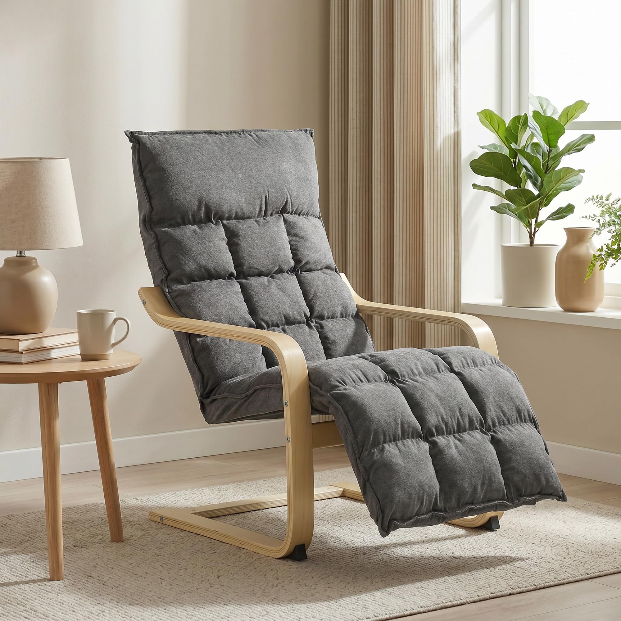 HOMCOM Accent Chair, Linen-Look Fabric Armchair with Footrest, Plush Cushion, High Back, Wide Seat, Curved Legs and Arms, Gentle Motion, Leisure Lounge Chair for Living Room, Bedroom, Grey