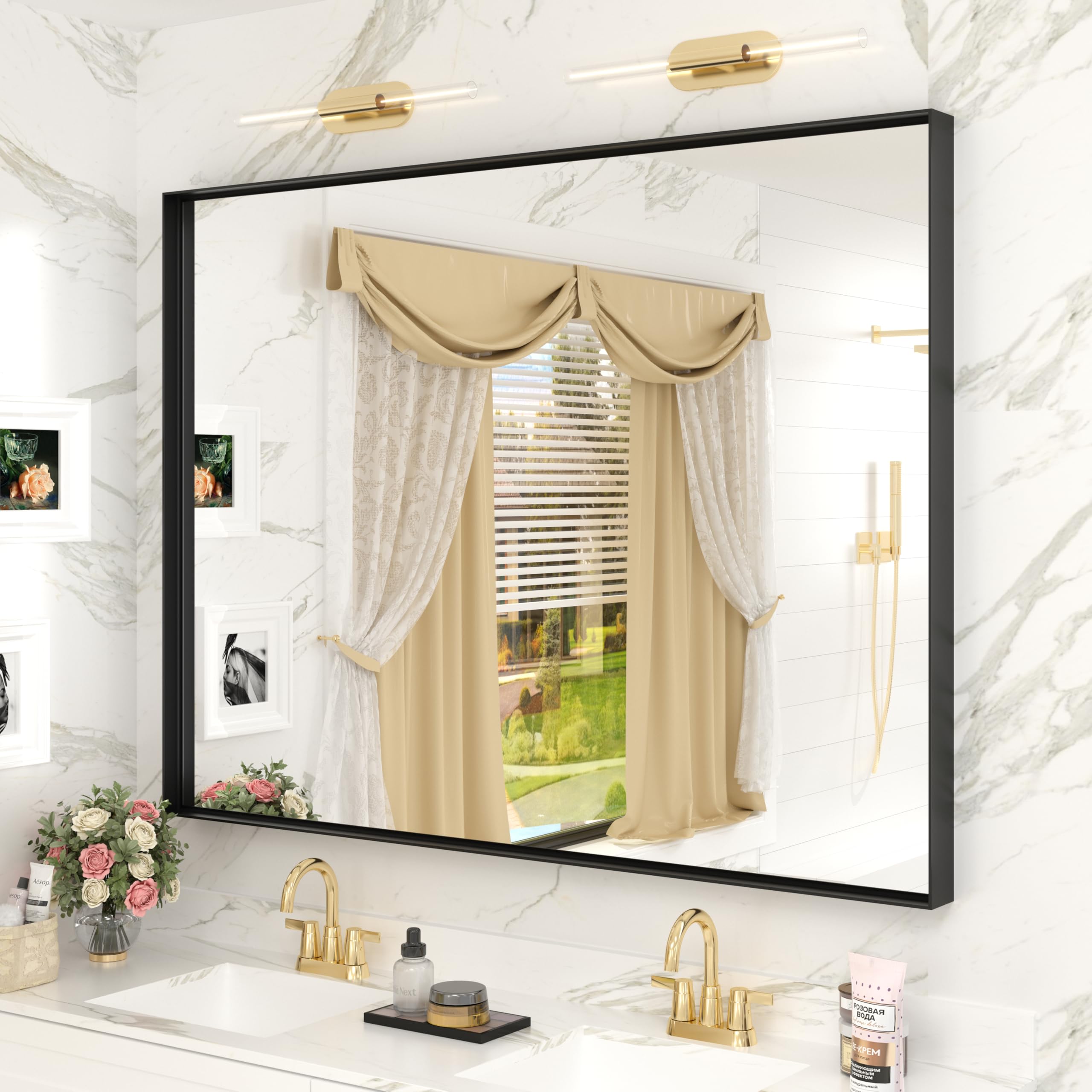 48x36 Inch Matte Black Bathroom Mirror, Modern Rectangle Metal Framed Mirrors for Wall, Black Vanity Mirror with Square Corner, Shatter-Proof, Anti-Rust (Horizontal/Vertical)