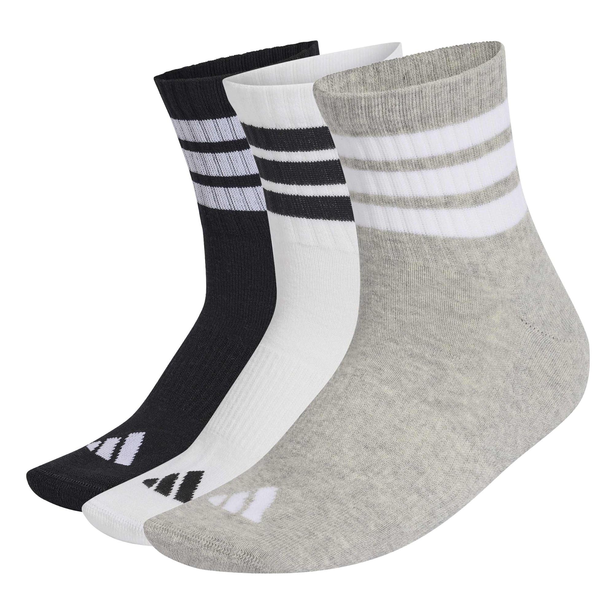 adidas Unisex 3 Stripes Cushioned Sportswear Mid Cut Socks 3 Pair Pack, medium grey heather/white/black, 6.5-8