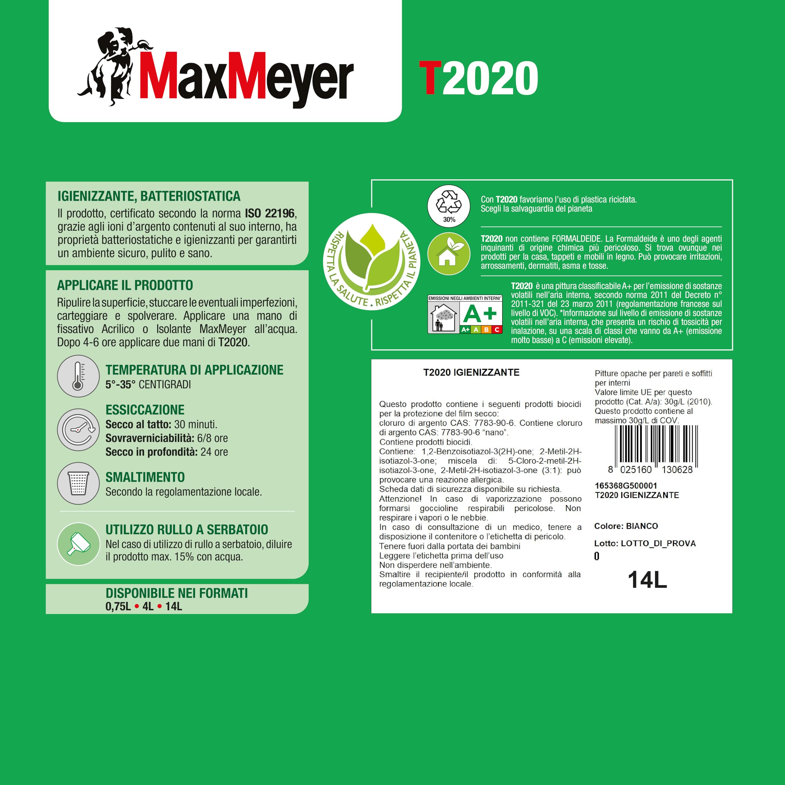 Maxmeyer 165368L580001 - Pintura para interiores transpirable T2020 higienizante, resistente a las bacterias, color blanco, 14 L, 14