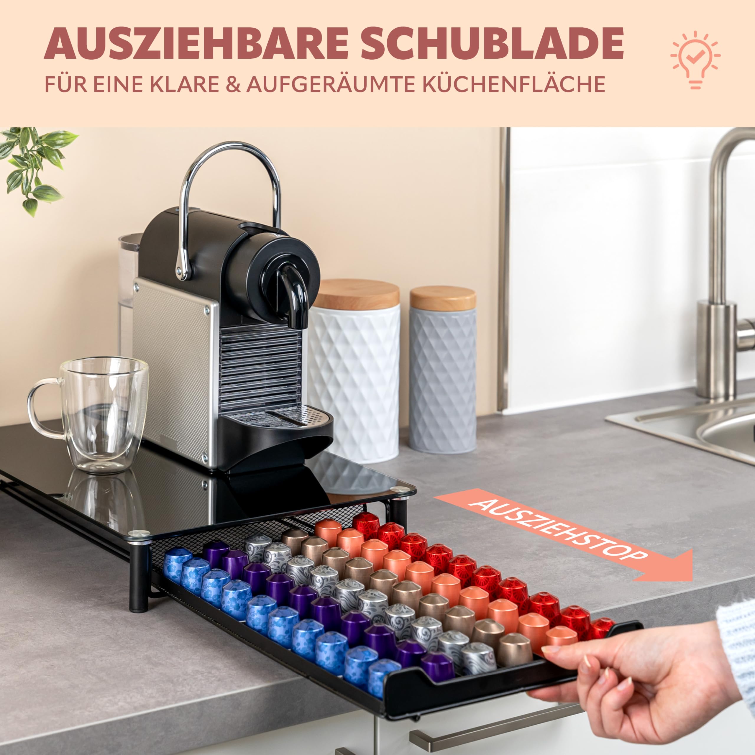 bremermann Kaffeekapsel-Box für 60x Nespresso, Schubladenbox, Metall und Glasplatte, Kapselhalter, Kapselspender ca. 31 x 7 x 40,5 cm (Schwarz)