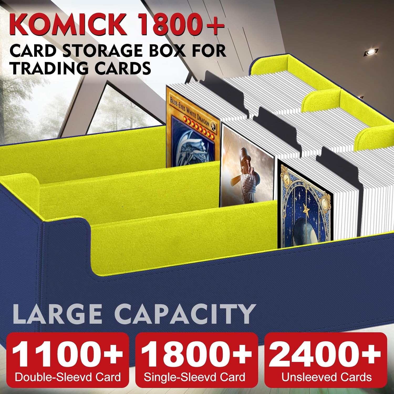 1800+ Card Deck Case – PU Leather Trading Card Box Storage MTG Deck Box, Trading Card Box for YuGiOh, Baseball, Magic The Gathering Foundations – Large TCG Storage Deck Box (Blue/Yellow)