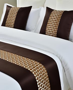 Bed Runner brown 240 x 50cm for 1.8m Bed 1pc - Including 1 Matching Cushion Cover - Hotel Grade no Fading Soft Scarf - Bedroom Guesthouse Bedding Protection