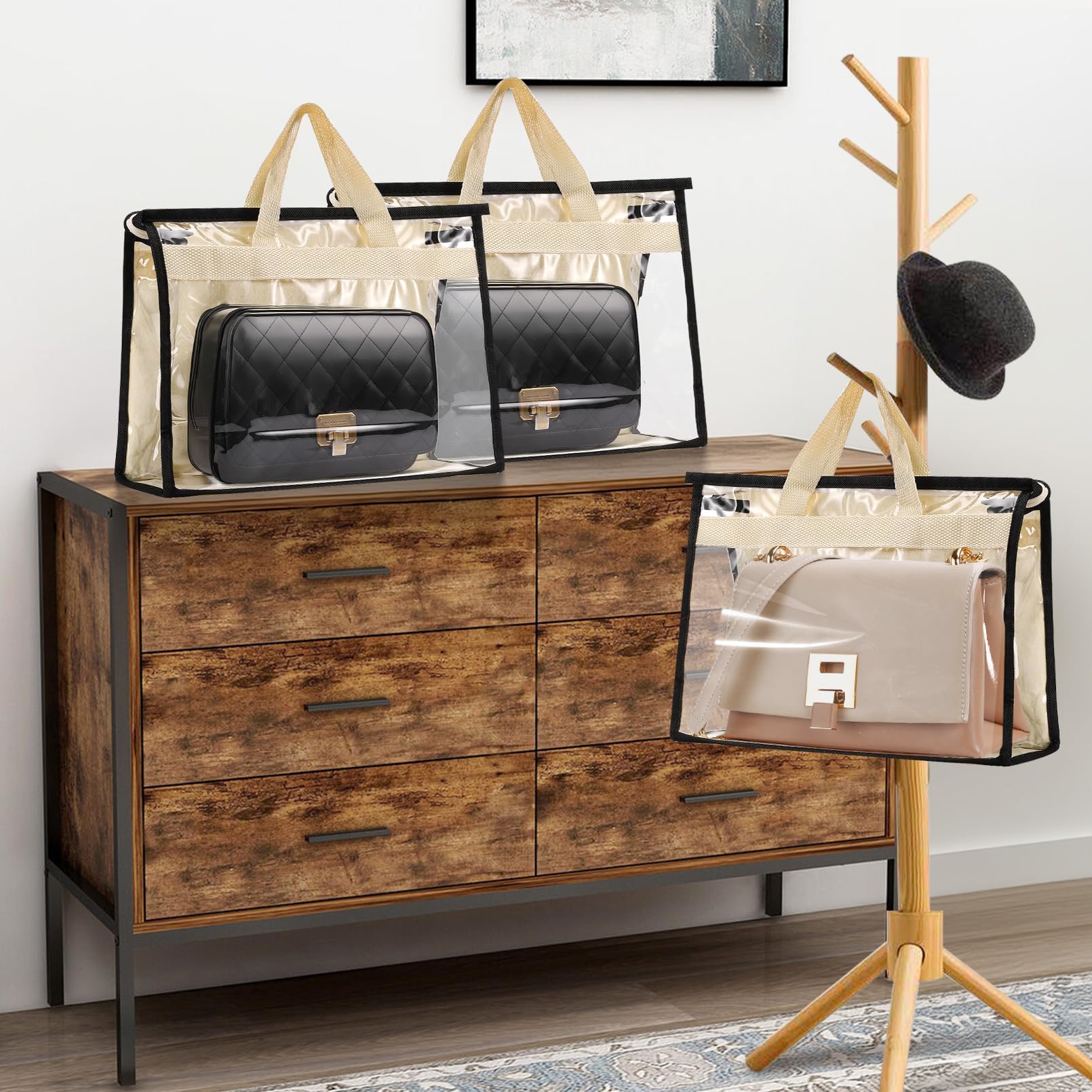 Paquete de 5 bolsas de polvo para bolsos, bolsas de polvo con cremallera y asa, bolsa de almacenamiento transparente antipolvo para colgar en el armario (grande)