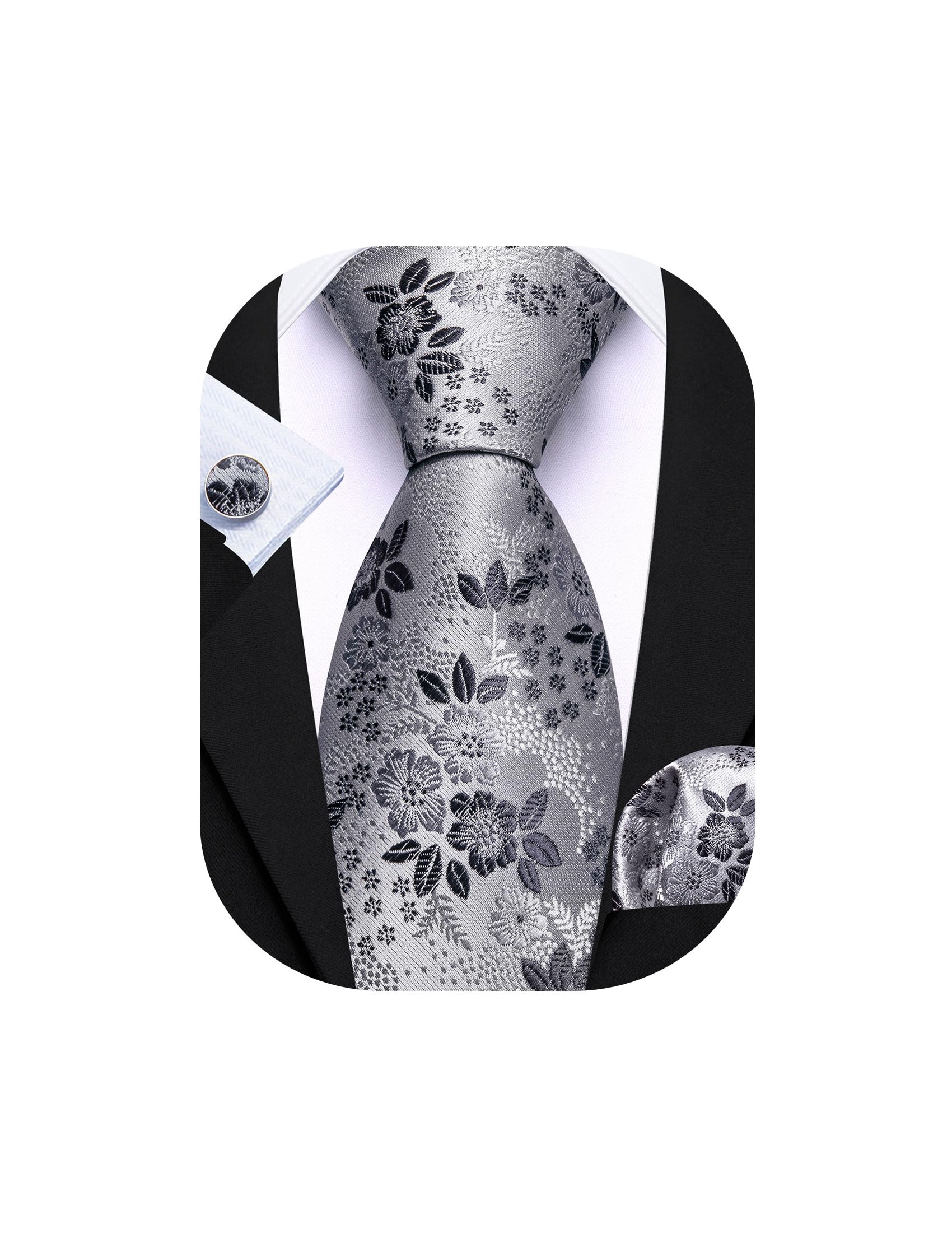 Barry.Wang Men Tie Set Floral Paisley Silk Necktie Pocket Square Cufflinks